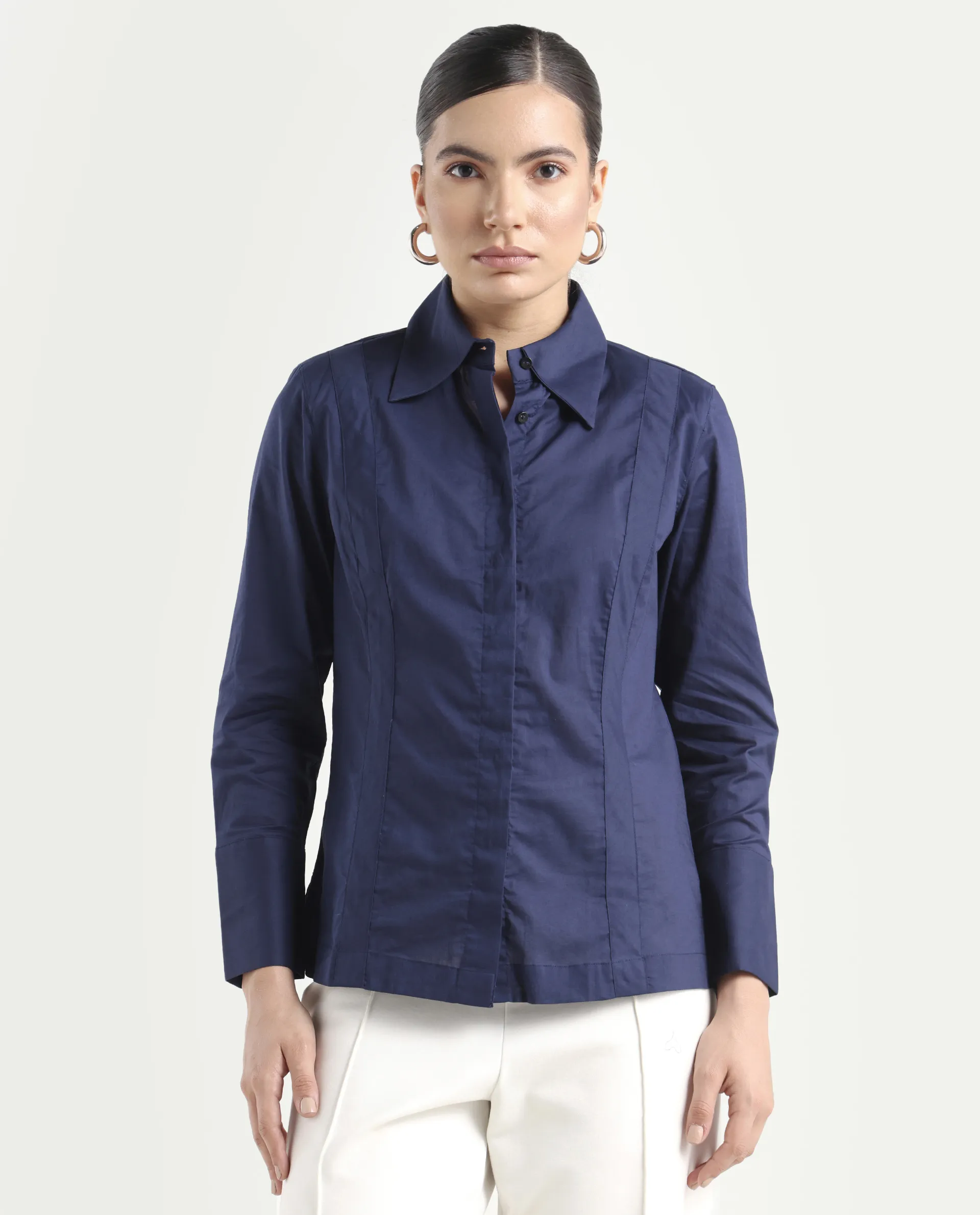 Rareism Women's Arthur Navy Cotton Drop Collar Plain Cuffed Sleeve Regular Fit Shirt - Image 3