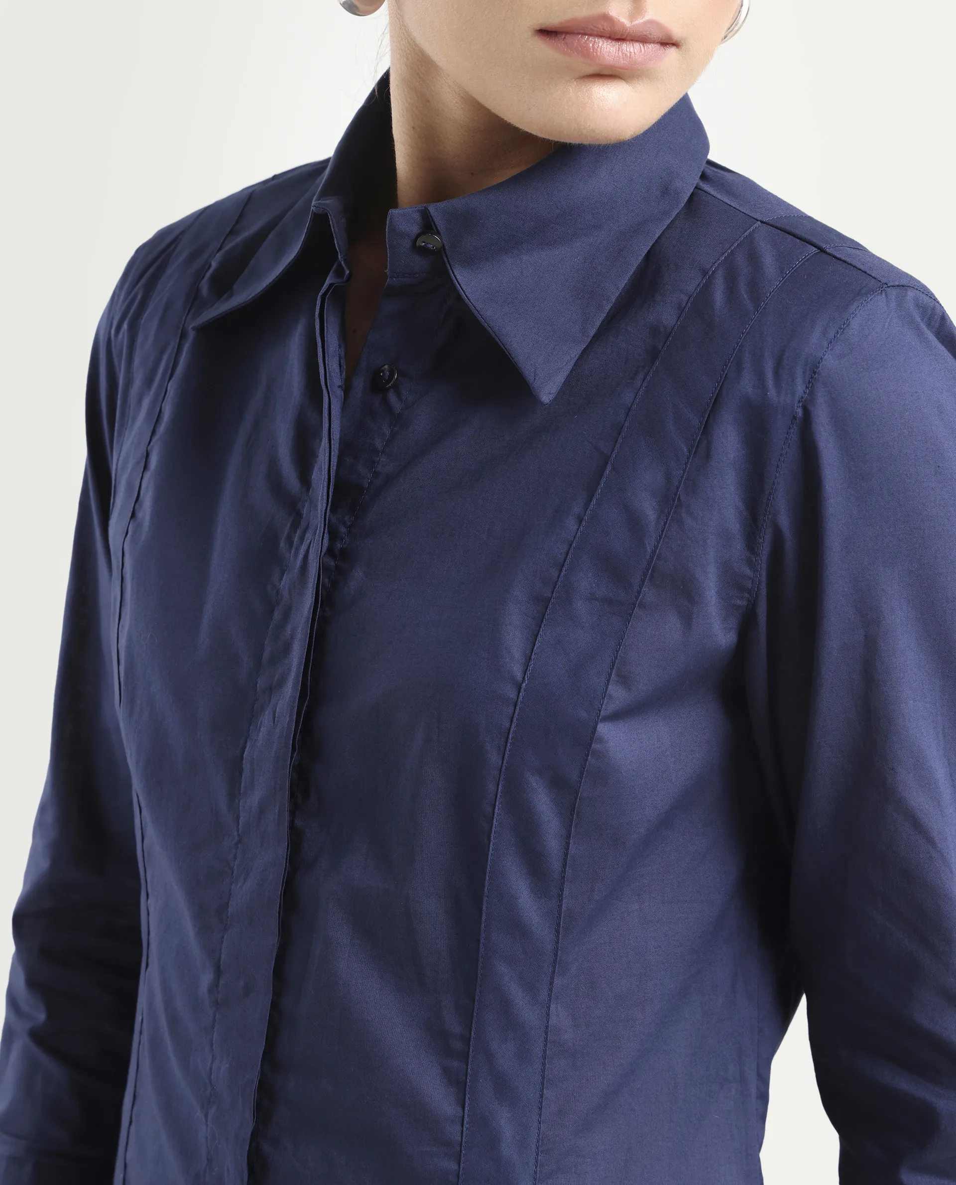 Rareism Women's Arthur Navy Cotton Drop Collar Plain Cuffed Sleeve Regular Fit Shirt - Image 4
