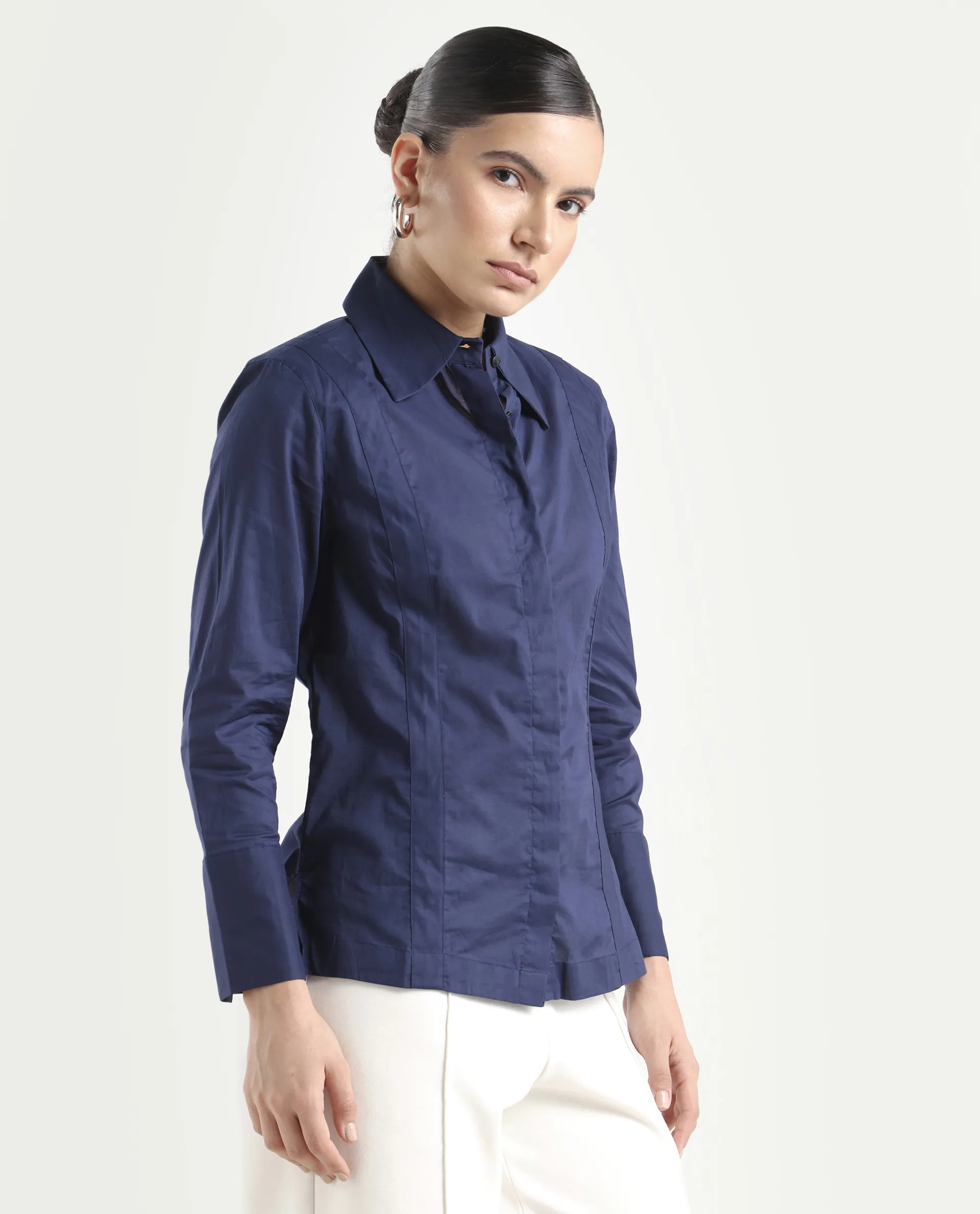 Rareism Women's Arthur Navy Cotton Drop Collar Plain Cuffed Sleeve Regular Fit Shirt - Image 5