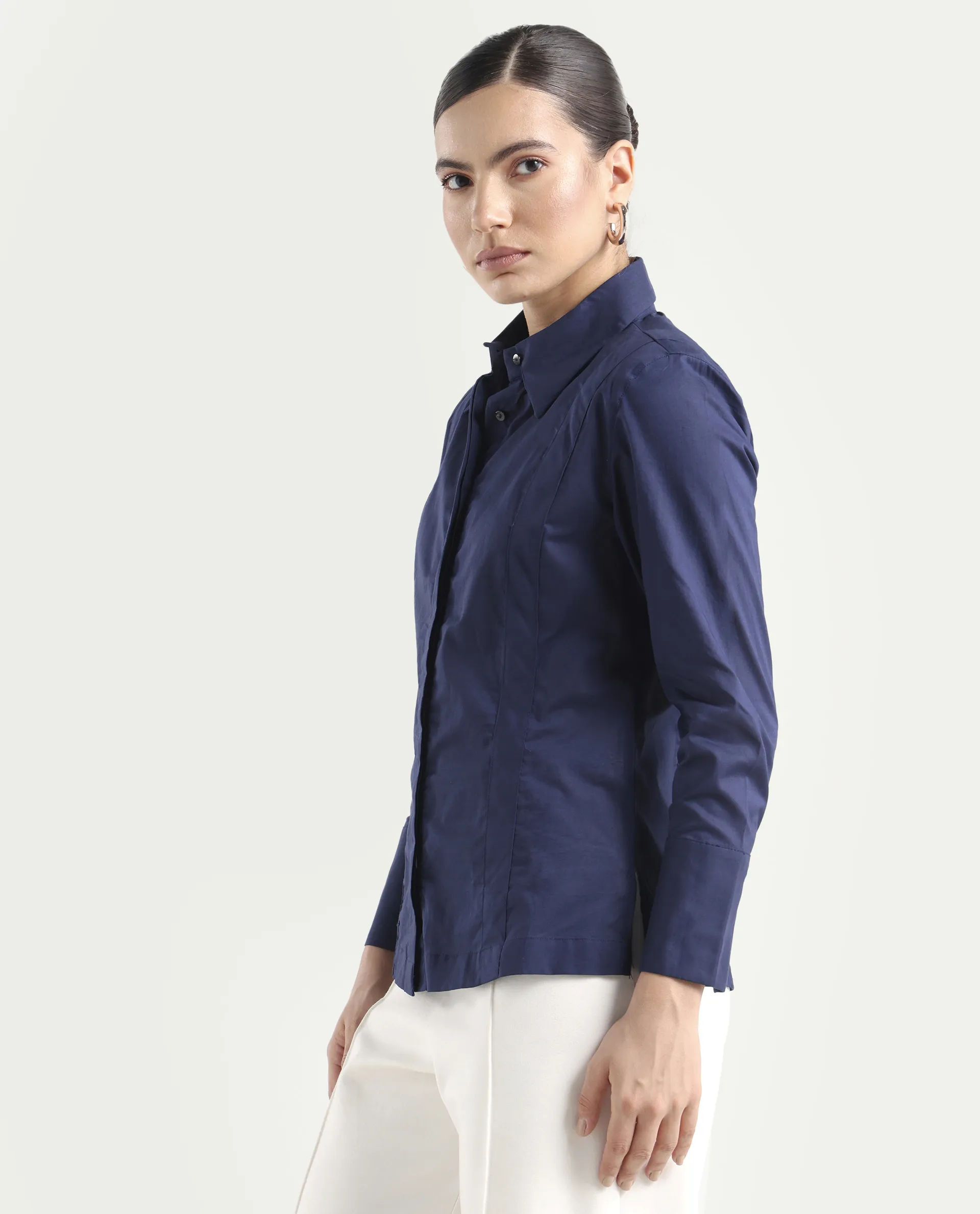 Rareism Women's Arthur Navy Cotton Drop Collar Plain Cuffed Sleeve Regular Fit Shirt - Image 6