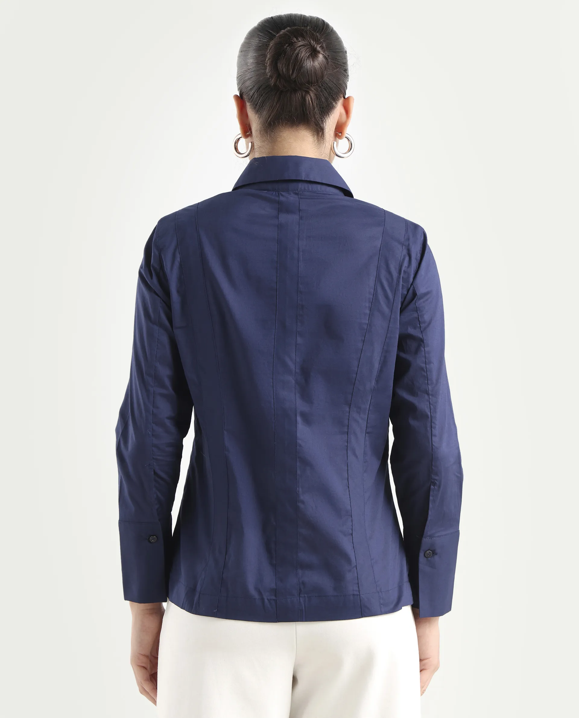 Rareism Women's Arthur Navy Cotton Drop Collar Plain Cuffed Sleeve Regular Fit Shirt - Image 7