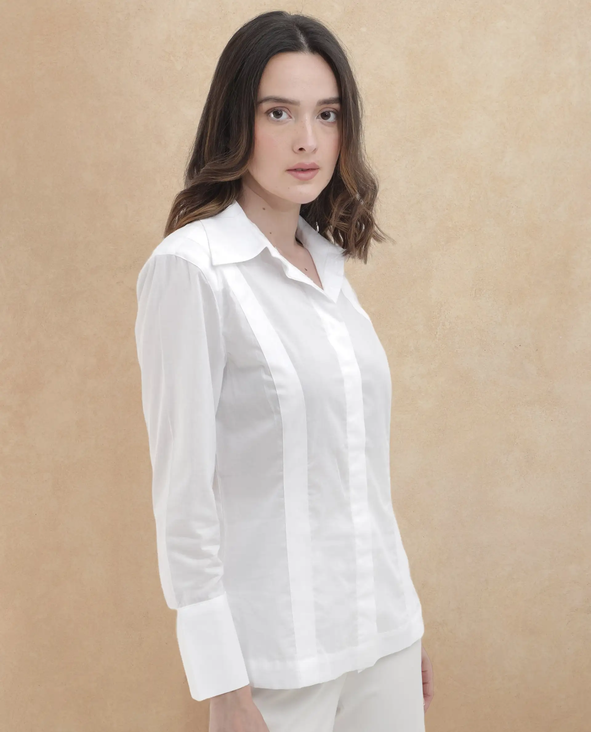 Rareism Women's Arthur White Cotton Drop Collar Plain Cuffed Sleeve Regular Fit Shirt - Image 3