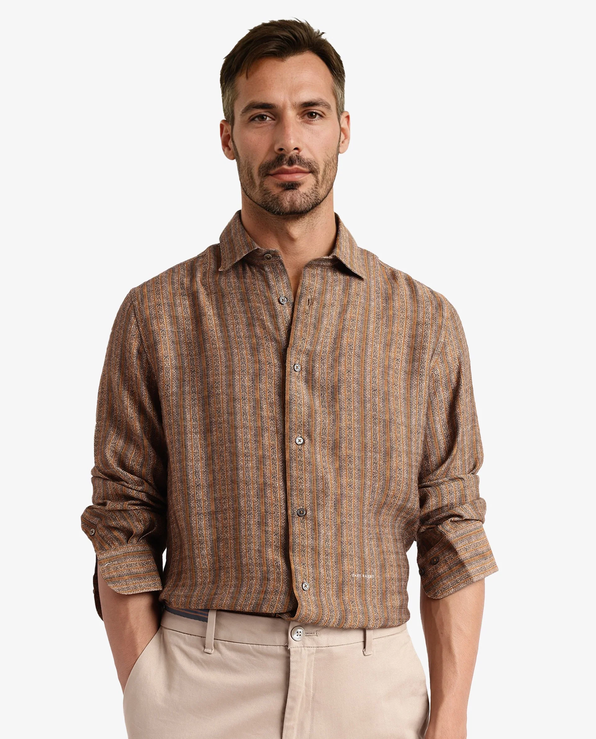 Rare Rabbit Men's Artico Mustard Cotton Blend Decorative Print Regular Fit Full Sleeve Collared Shirt - Image 2
