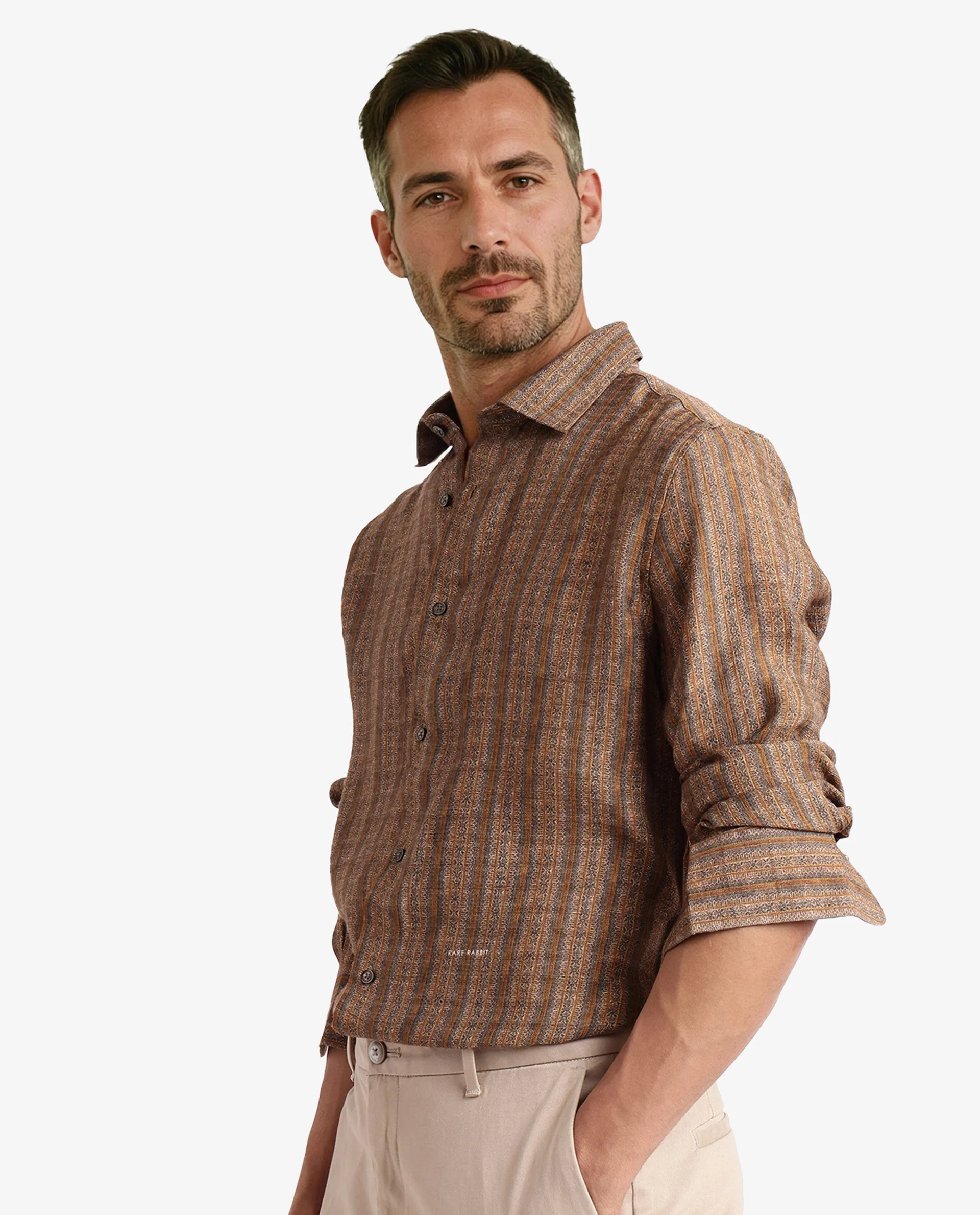 Rare Rabbit Men's Artico Mustard Cotton Blend Decorative Print Regular Fit Full Sleeve Collared Shirt - Image 5