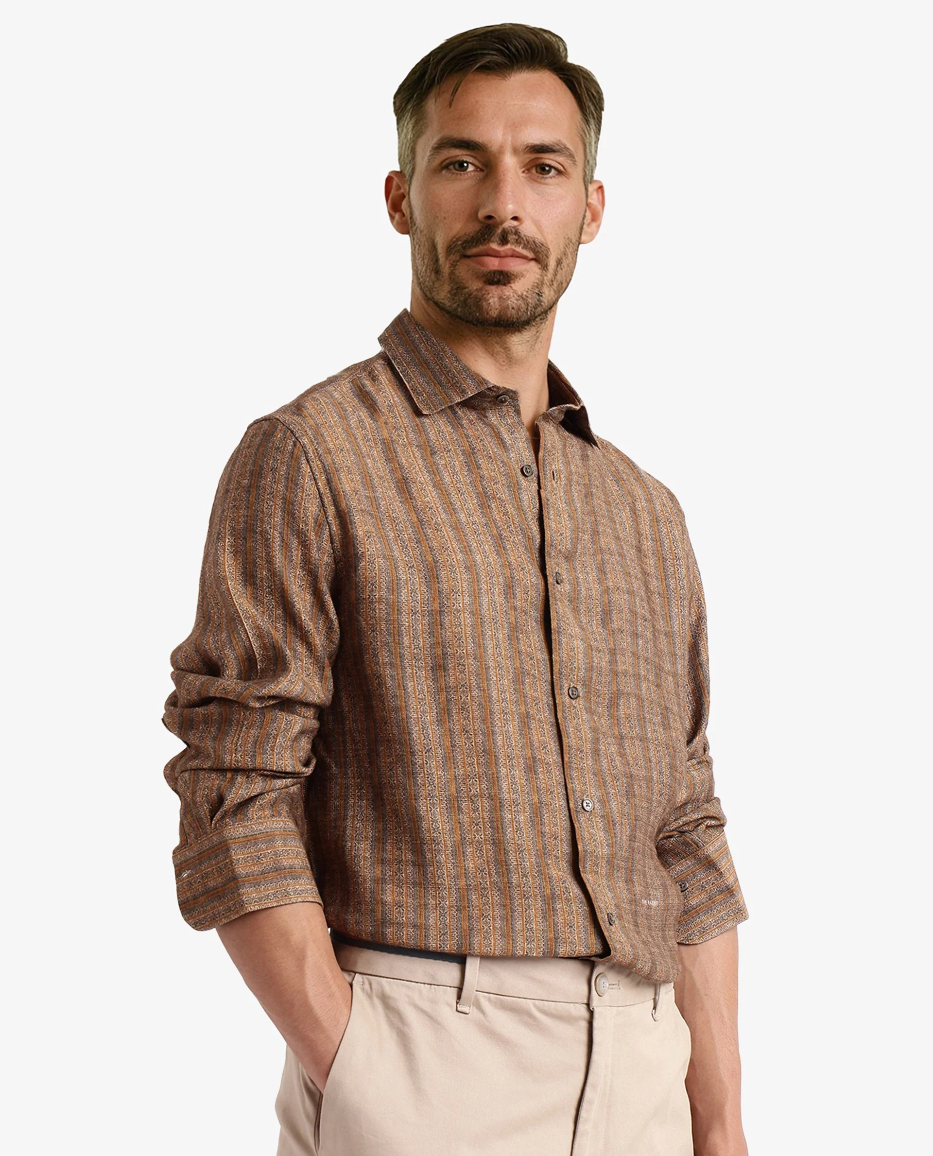 Rare Rabbit Men's Artico Mustard Cotton Blend Decorative Print Regular Fit Full Sleeve Collared Shirt - Image 6
