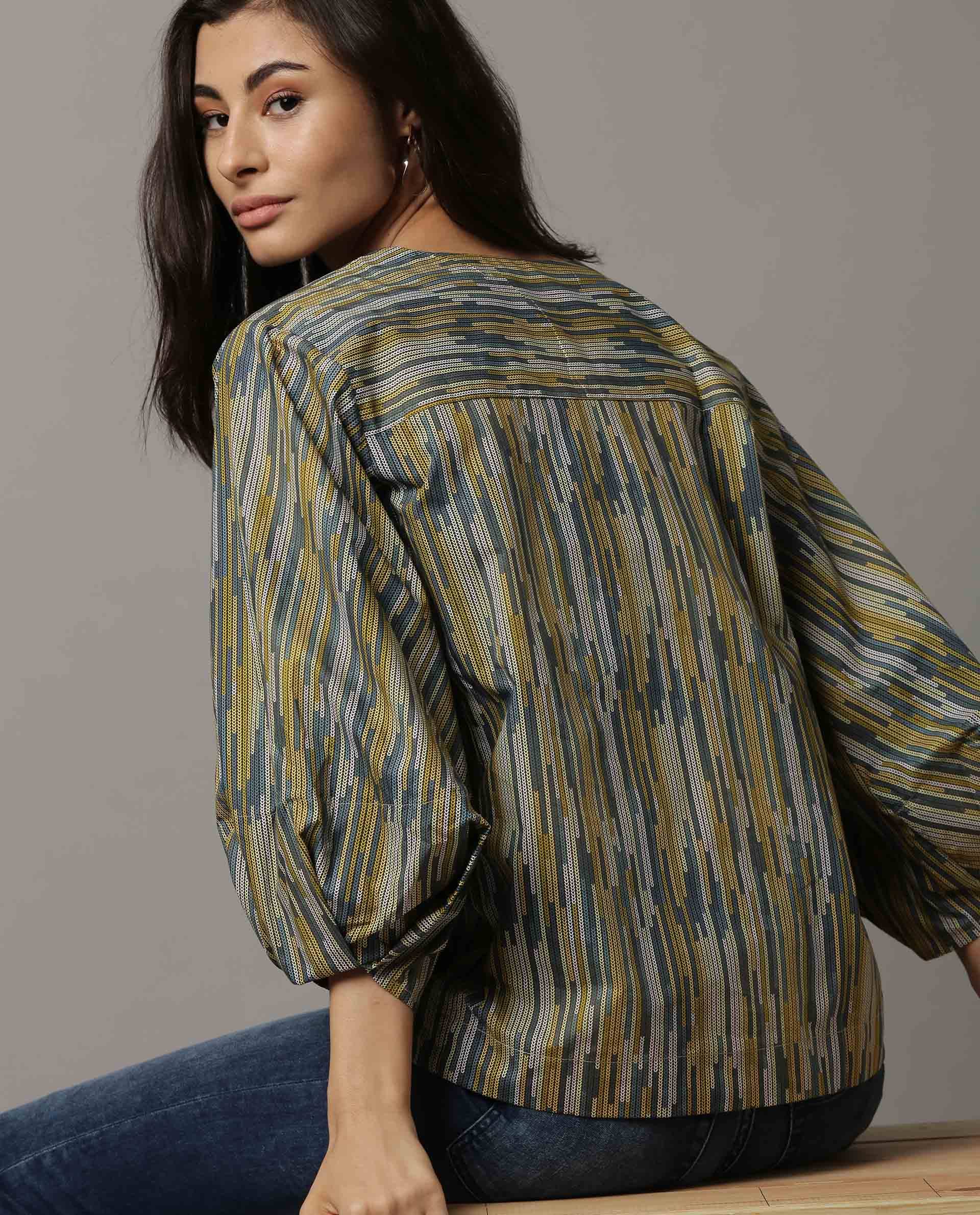 Rareism Women Artsy Green Top Full Sleeves Printed