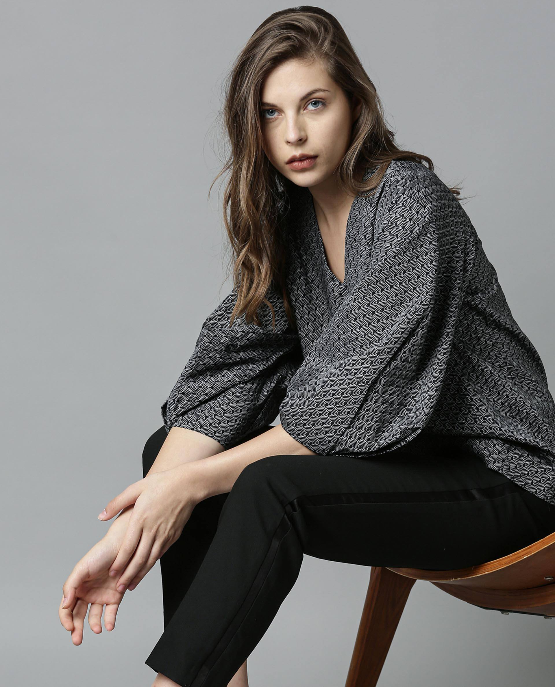 Rareism Women Artsy Black Top Full Sleeves Printed - Image 2