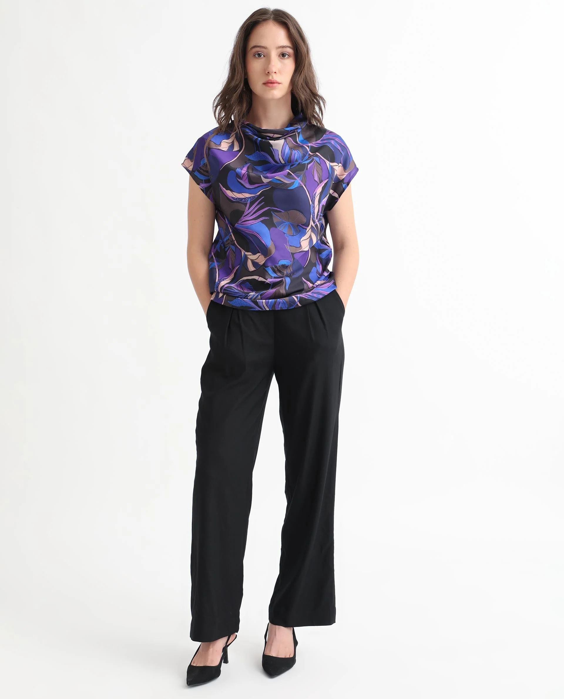 Rareism Women's Arturo Dark Blue Polyester Cowl Neck Floral Print Extended Sleeves Regular Fit Top - Image 2