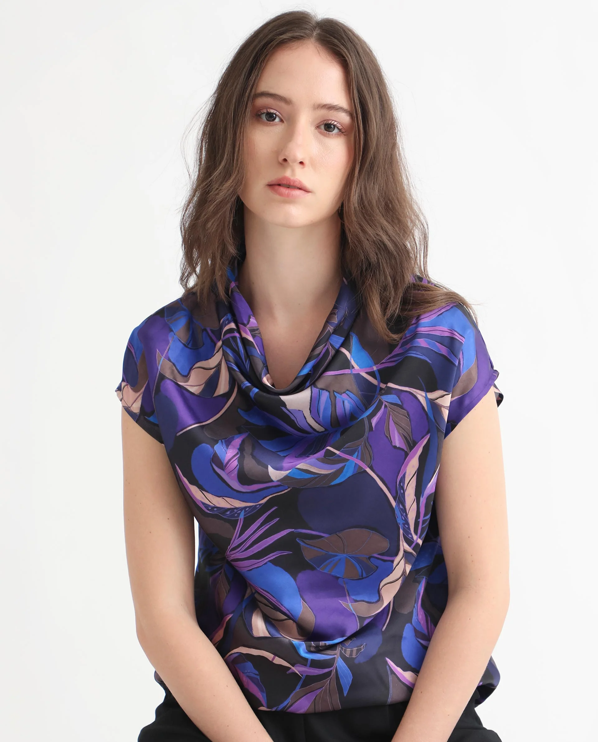 Rareism Women's Arturo Dark Blue Polyester Cowl Neck Floral Print Extended Sleeves Regular Fit Top - Image 3