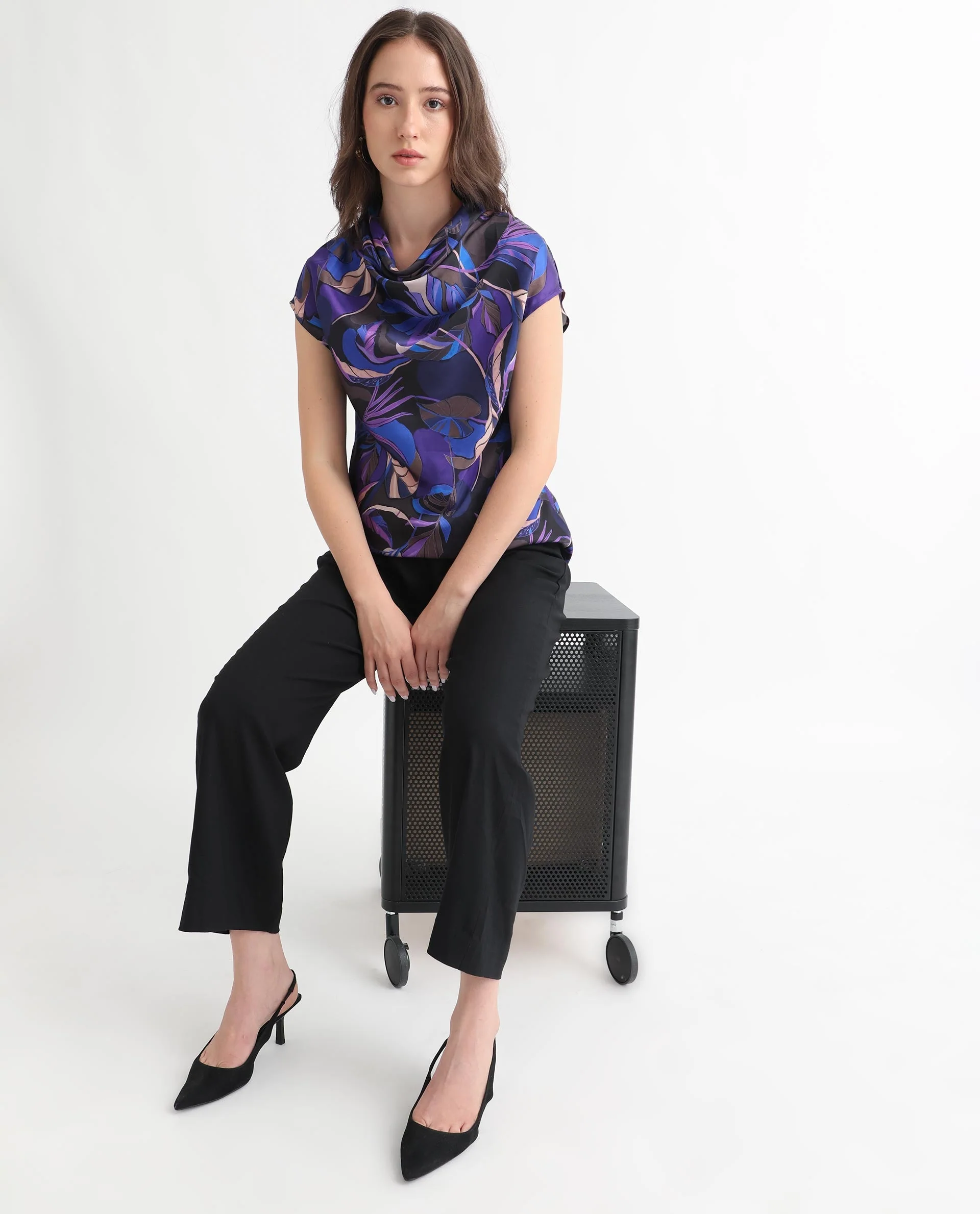 Rareism Women's Arturo Dark Blue Polyester Cowl Neck Floral Print Extended Sleeves Regular Fit Top - Image 4