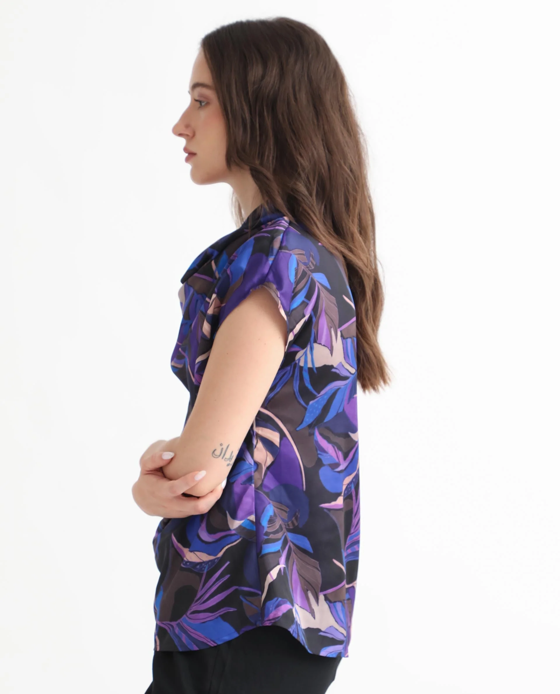 Rareism Women's Arturo Dark Blue Polyester Cowl Neck Floral Print Extended Sleeves Regular Fit Top - Image 5