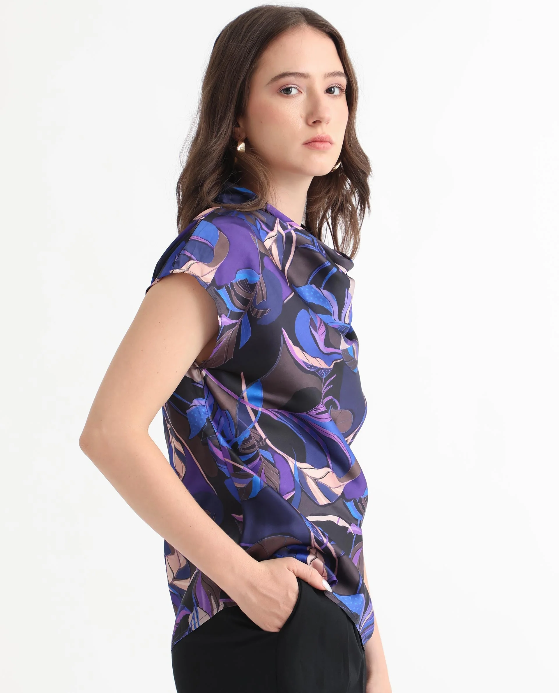 Rareism Women's Arturo Dark Blue Polyester Cowl Neck Floral Print Extended Sleeves Regular Fit Top - Image 6