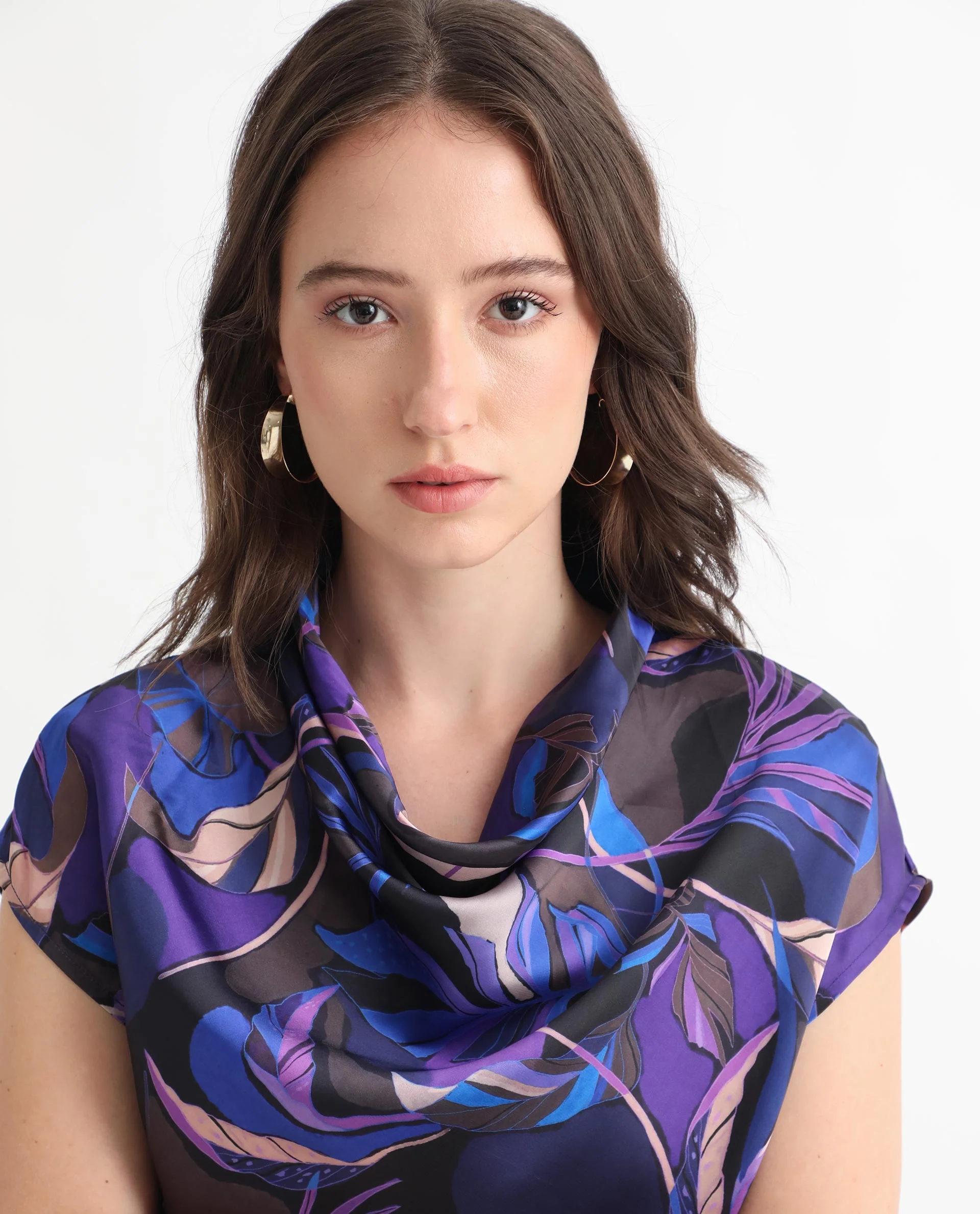 Rareism Women's Arturo Dark Blue Polyester Cowl Neck Floral Print Extended Sleeves Regular Fit Top - Image 7