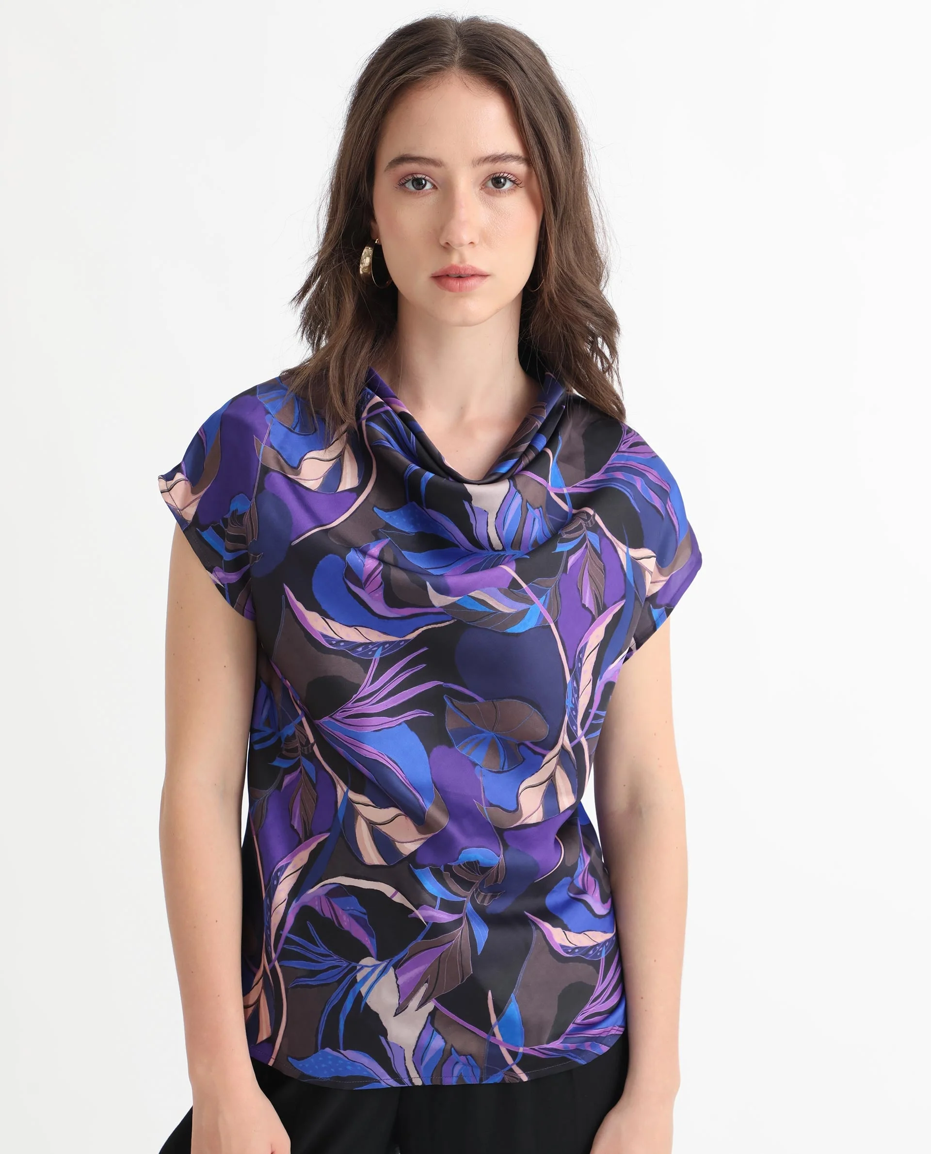 Rareism Women's Arturo Dark Blue Polyester Cowl Neck Floral Print Extended Sleeves Regular Fit Top - Image 8
