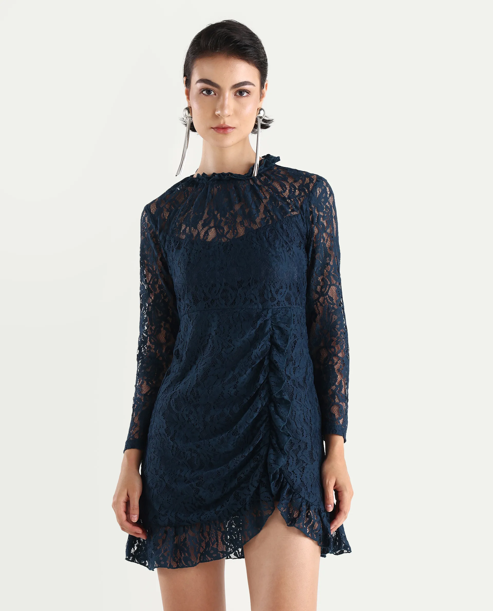 Rareism Women's Artvin Petrol Polyester Sweetheart Neck Plain Knee Length Fitted Dress - Image 3