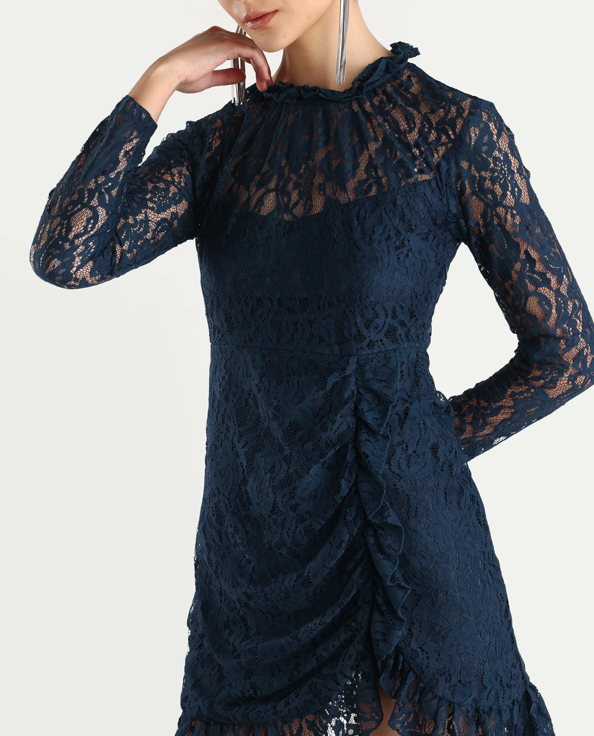 Rareism Women's Artvin Petrol Polyester Sweetheart Neck Plain Knee Length Fitted Dress - Image 4