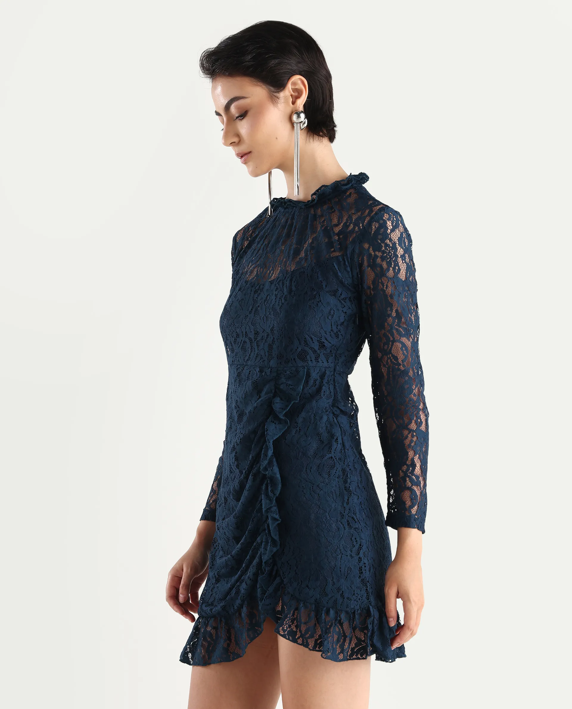 Rareism Women's Artvin Petrol Polyester Sweetheart Neck Plain Knee Length Fitted Dress - Image 6