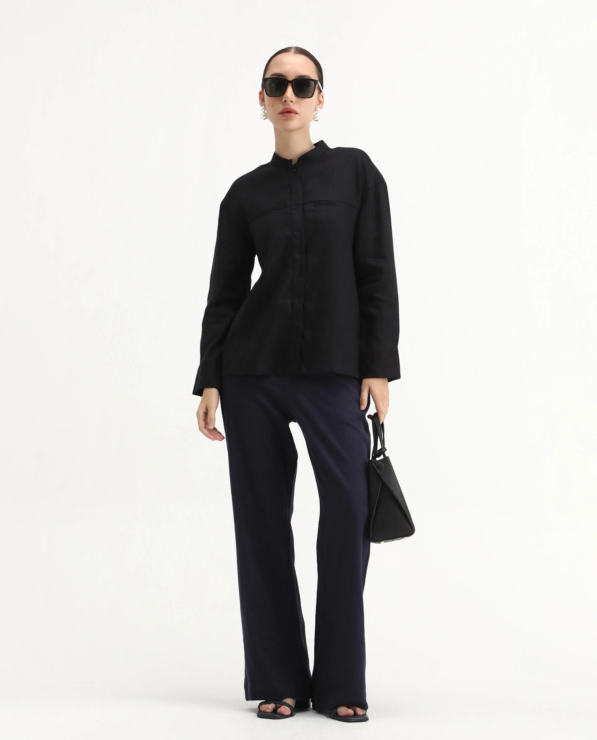 Rareism Women's Aruba Black Cotton Linen Drop Collar Plain Cuffed Sleeve Regular Fit Shirt - Image 2