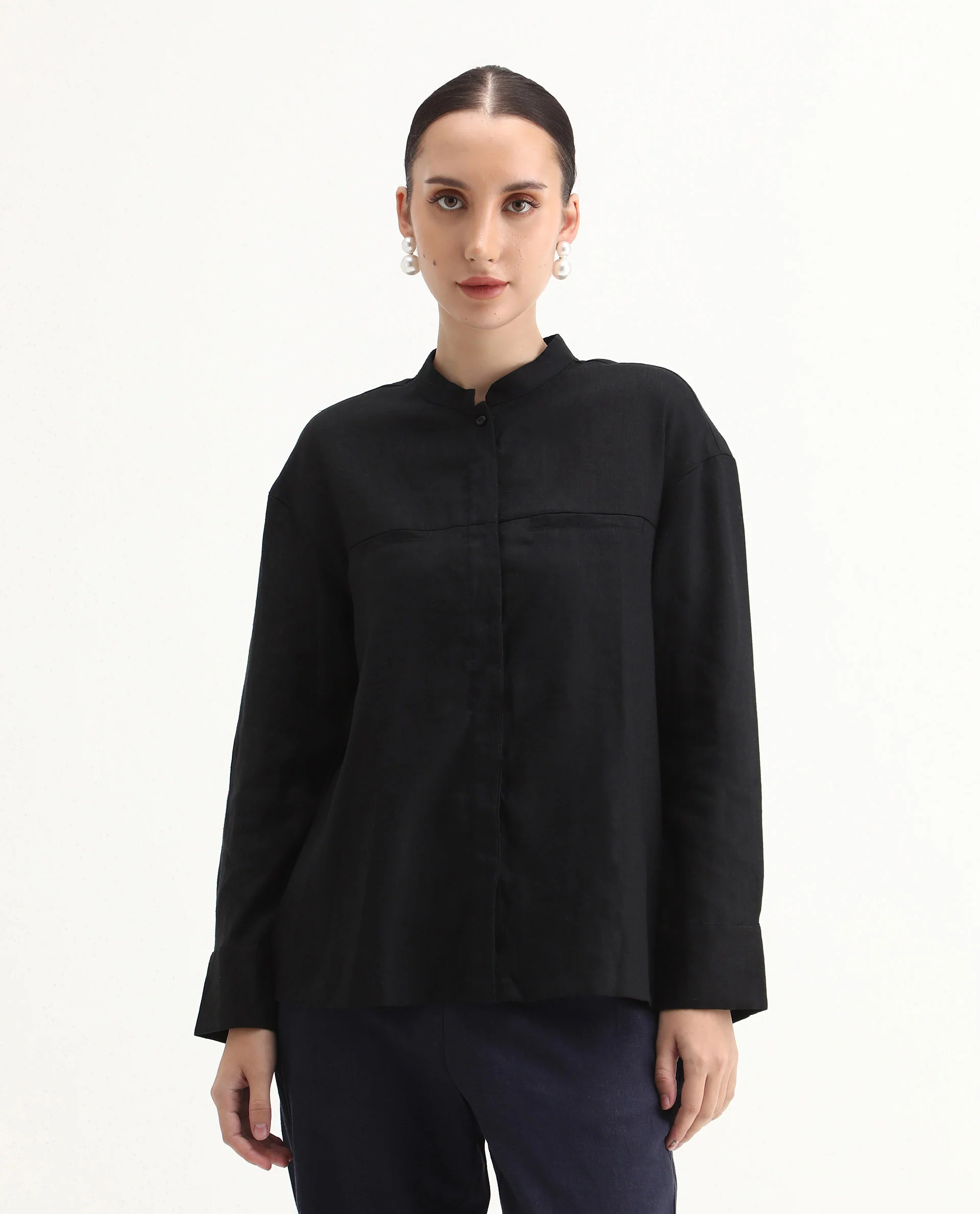Rareism Women's Aruba Black Cotton Linen Drop Collar Plain Cuffed Sleeve Regular Fit Shirt - Image 3