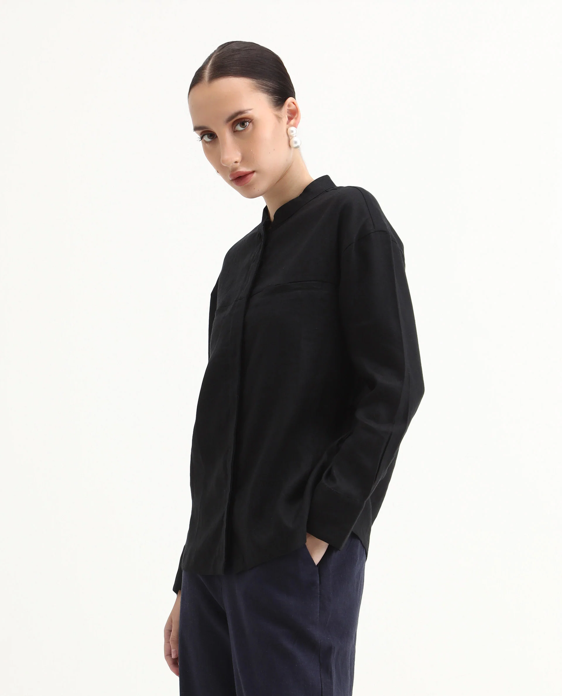 Rareism Women's Aruba Black Cotton Linen Drop Collar Plain Cuffed Sleeve Regular Fit Shirt - Image 4