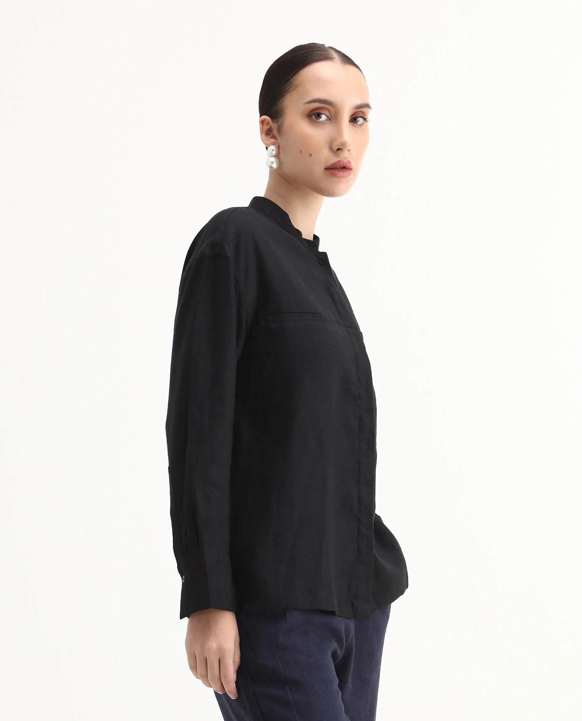 Rareism Women's Aruba Black Cotton Linen Drop Collar Plain Cuffed Sleeve Regular Fit Shirt - Image 5