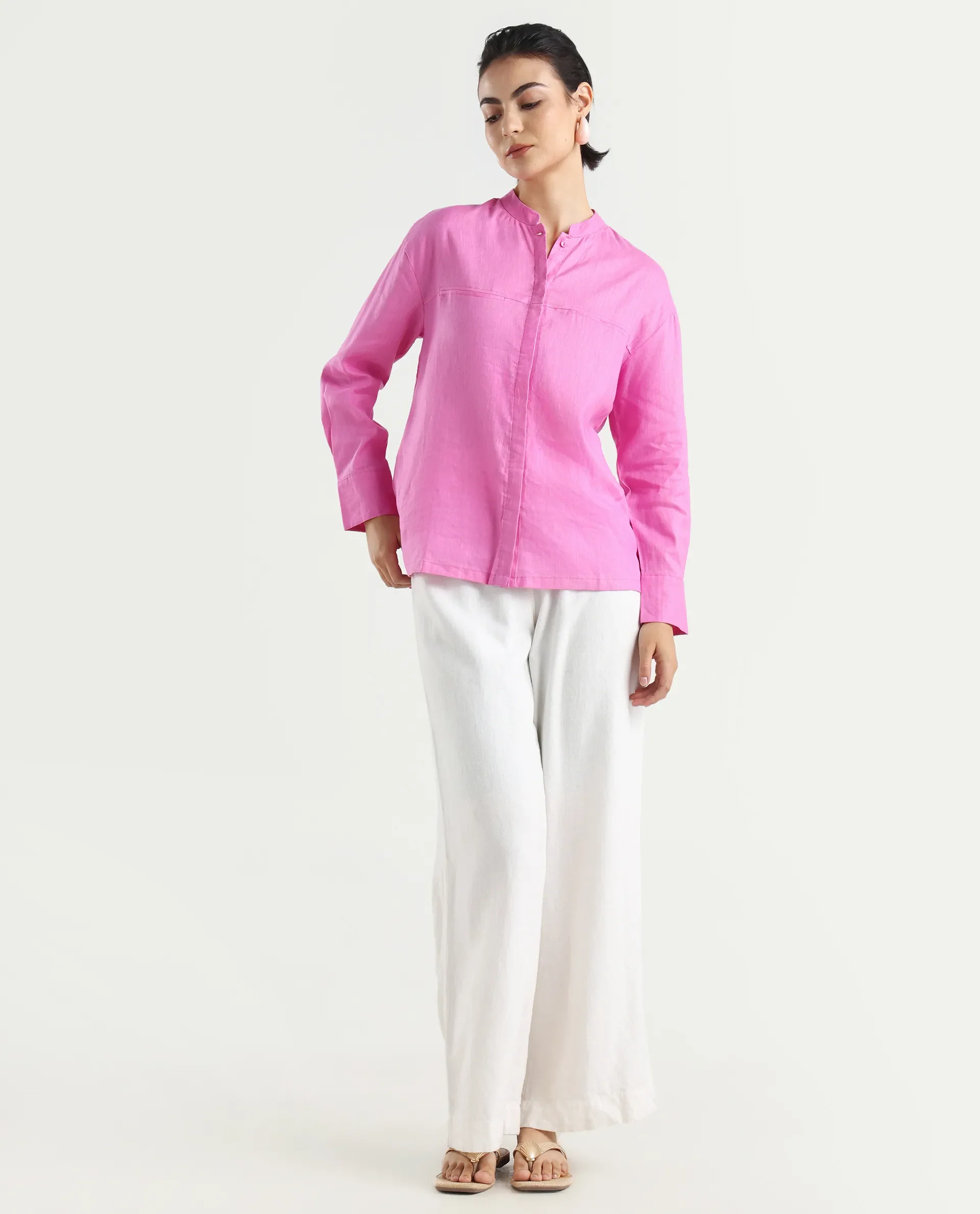 Rareism Women's Aruba Pastel Pink Cotton Linen Drop Collar Plain Cuffed Sleeve Regular Fit Shirt - Image 2