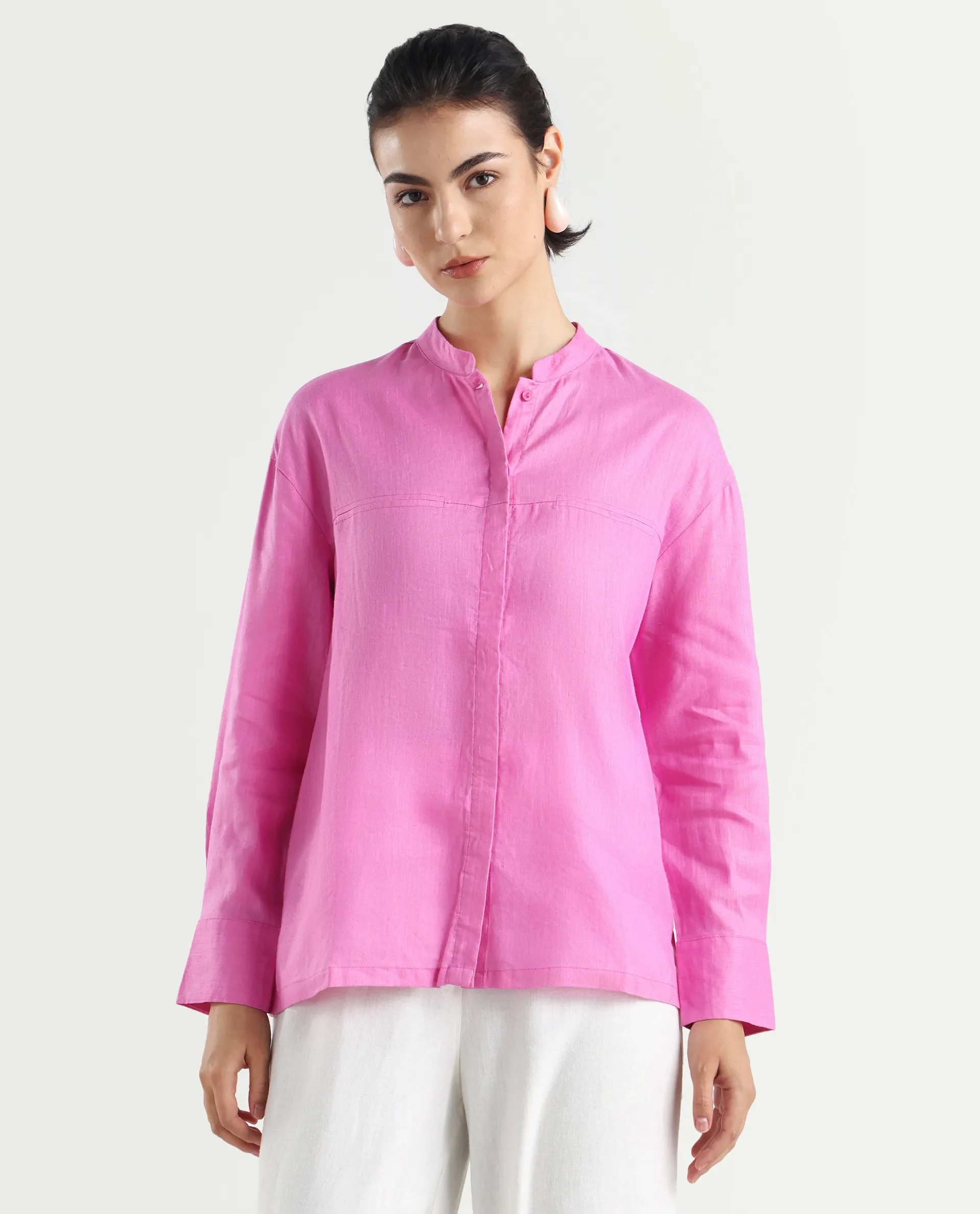 Rareism Women's Aruba Pastel Pink Cotton Linen Drop Collar Plain Cuffed Sleeve Regular Fit Shirt - Image 3