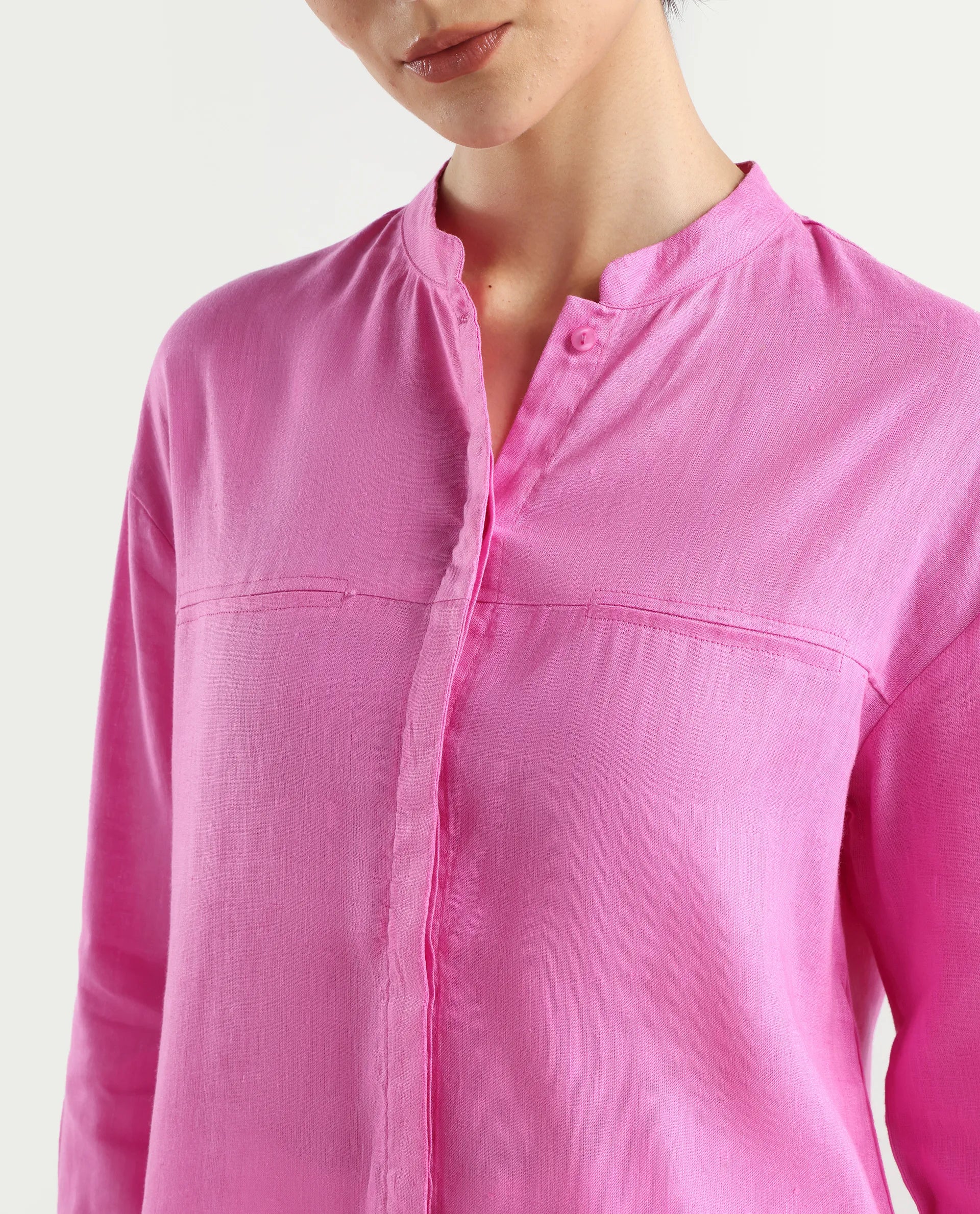Rareism Women's Aruba Pastel Pink Cotton Linen Drop Collar Plain Cuffed Sleeve Regular Fit Shirt - Image 4