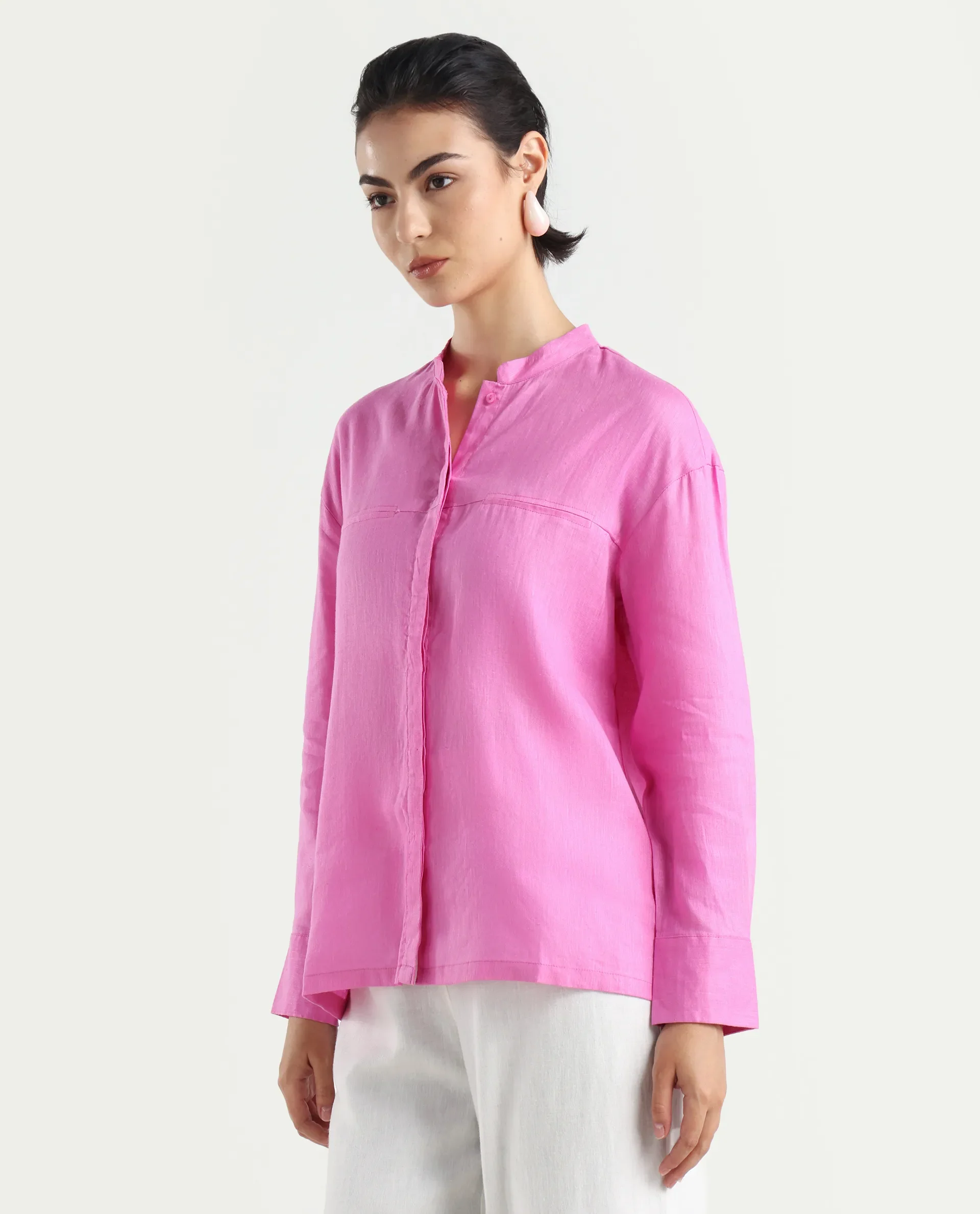 Rareism Women's Aruba Pastel Pink Cotton Linen Drop Collar Plain Cuffed Sleeve Regular Fit Shirt - Image 5
