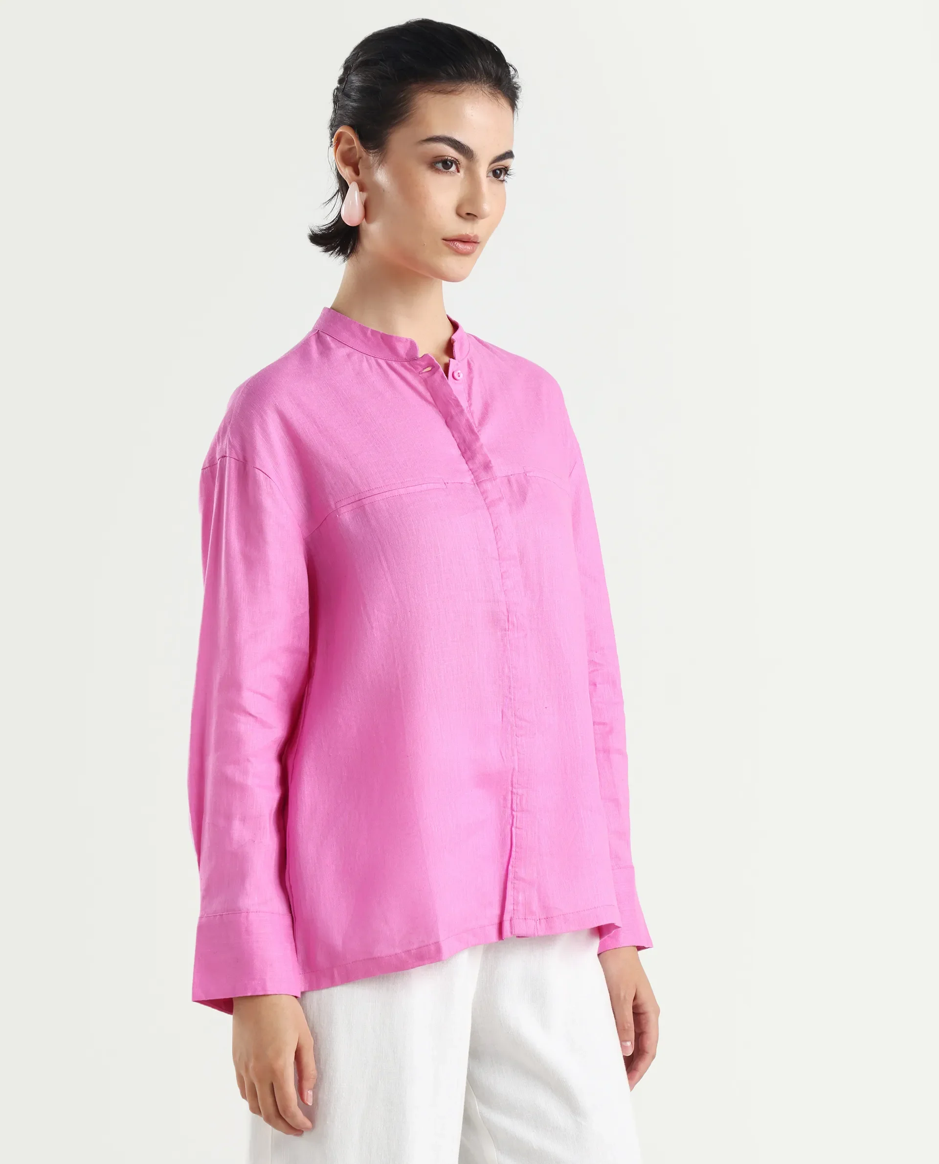 Rareism Women's Aruba Pastel Pink Cotton Linen Drop Collar Plain Cuffed Sleeve Regular Fit Shirt - Image 6
