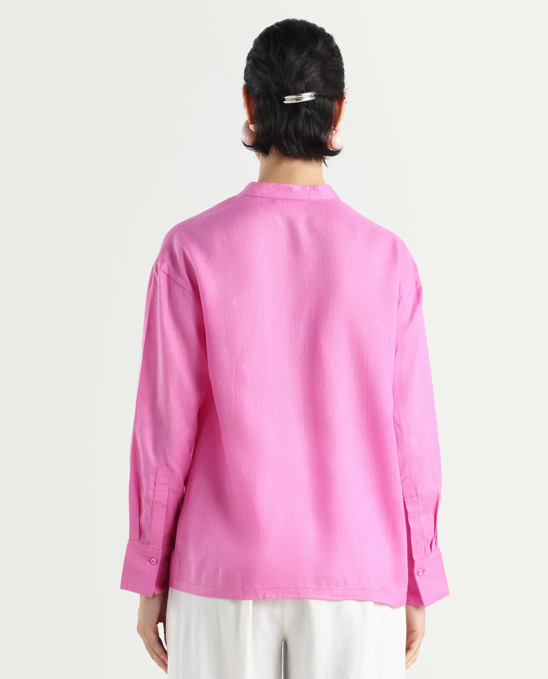 Rareism Women's Aruba Pastel Pink Cotton Linen Drop Collar Plain Cuffed Sleeve Regular Fit Shirt - Image 7