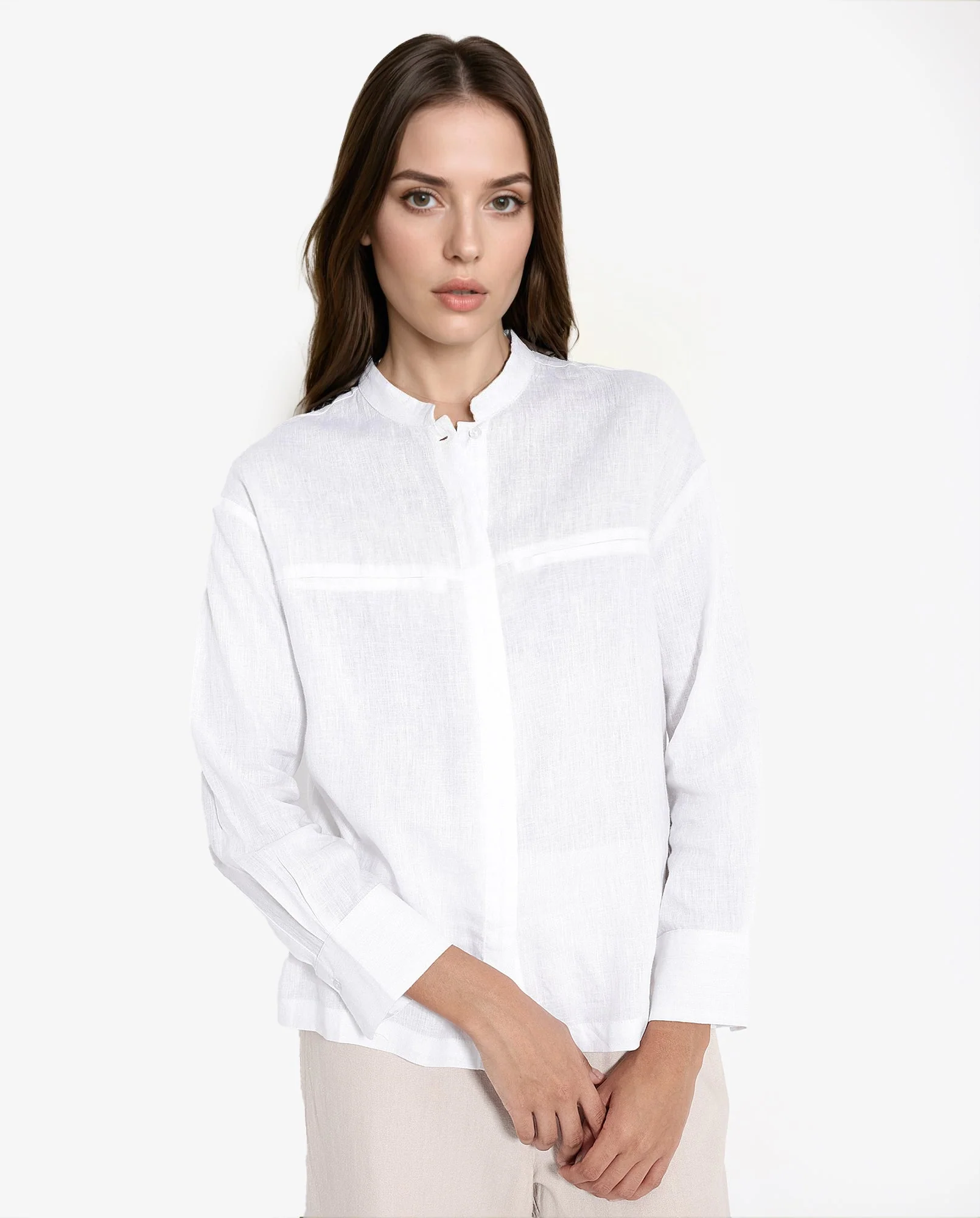 Rareism Women's Aruba White Cotton Linen Drop Collar Plain Cuffed Sleeve Regular Fit Shirt
