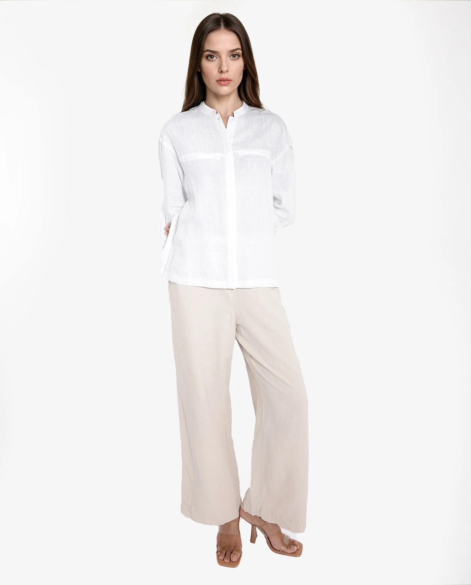 Rareism Women's Aruba White Cotton Linen Drop Collar Plain Cuffed Sleeve Regular Fit Shirt - Image 3