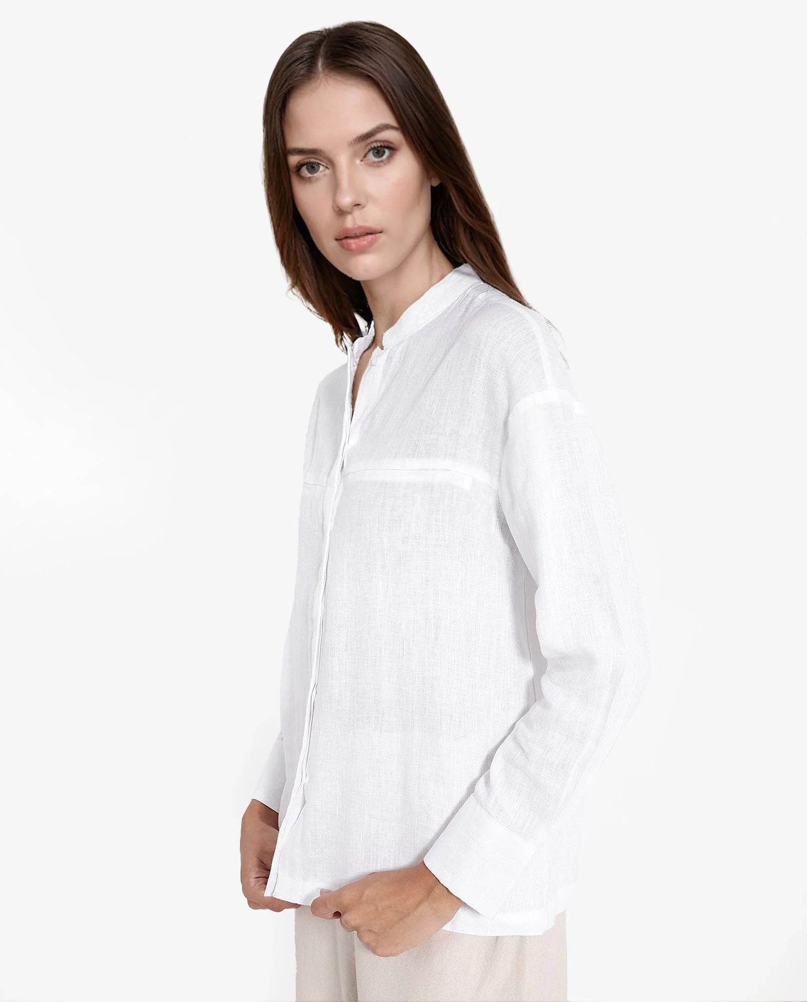 Rareism Women's Aruba White Cotton Linen Drop Collar Plain Cuffed Sleeve Regular Fit Shirt - Image 5
