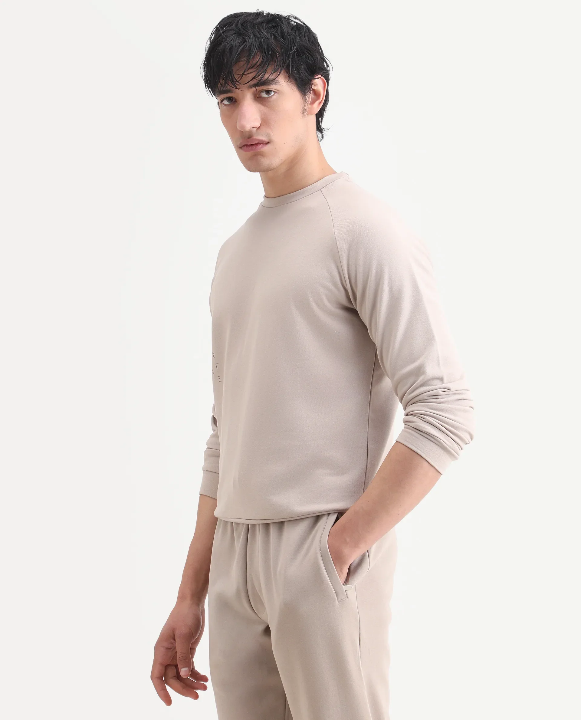 Rare Rabbit Articale Men's Arum Sand Beige Cotton Fabric Full Sleeves Solid Sweatshirt - Image 5