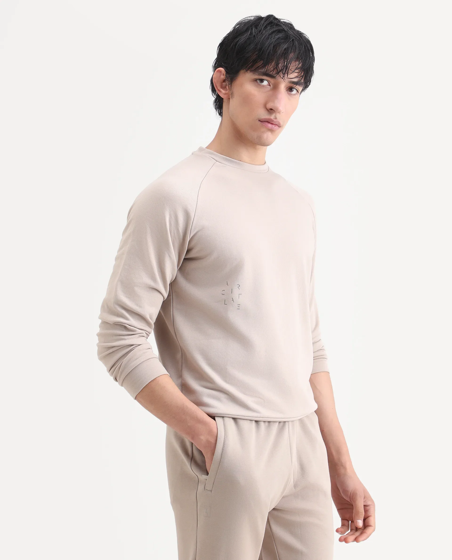 Rare Rabbit Articale Men's Arum Sand Beige Cotton Fabric Full Sleeves Solid Sweatshirt - Image 6