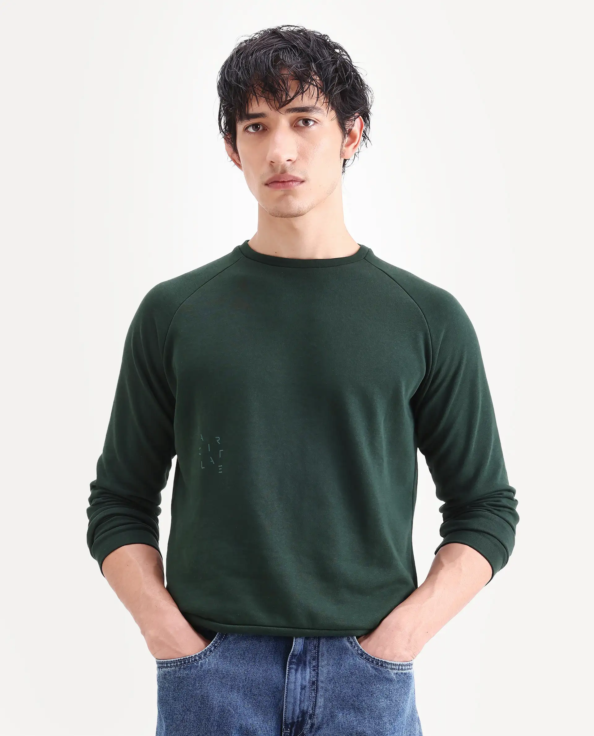 Rare Rabbit Articale Men's Arum Mountain Green Cotton Fabric Full Sleeves Solid Sweatshirt - Image 4