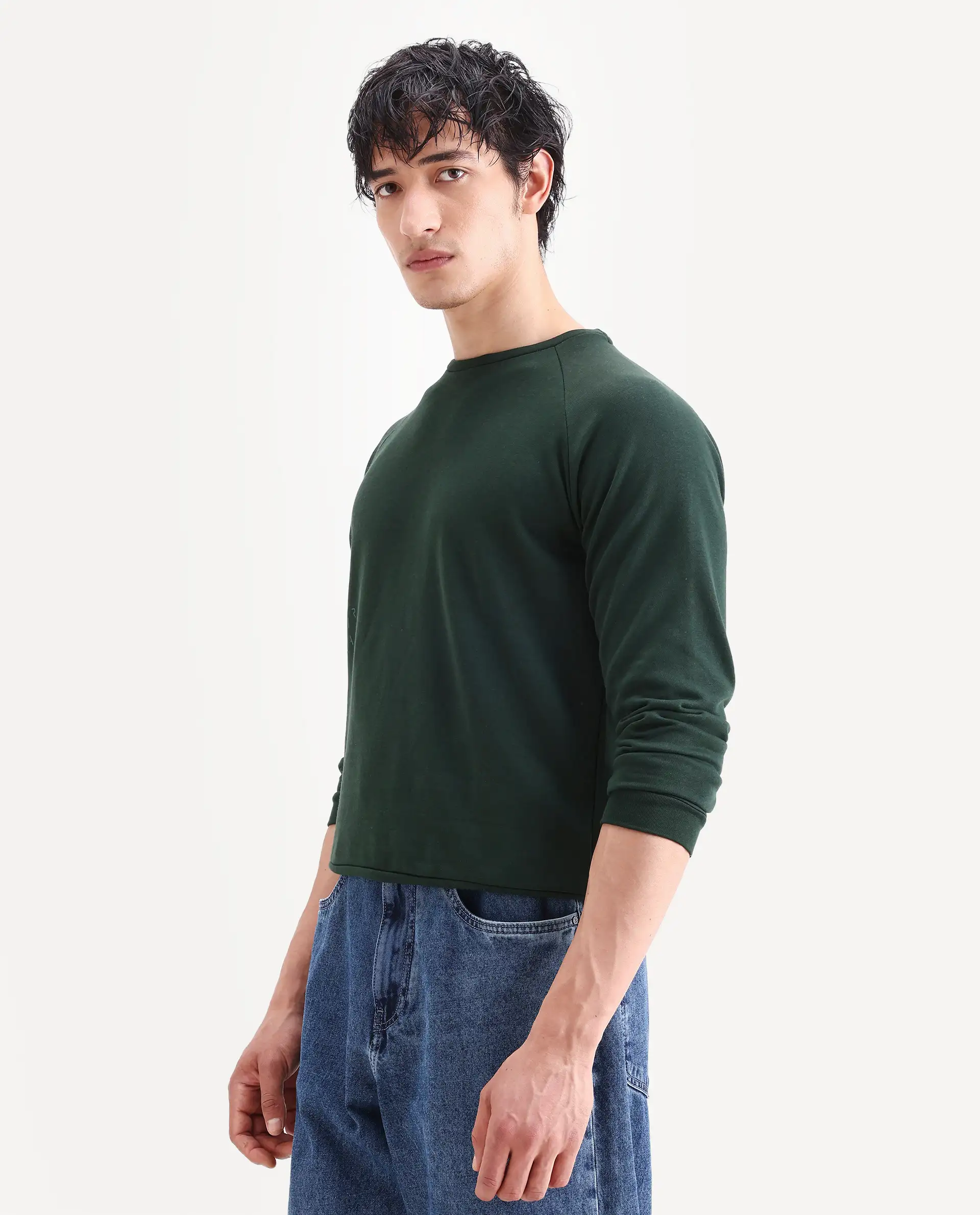 Rare Rabbit Articale Men's Arum Mountain Green Cotton Fabric Full Sleeves Solid Sweatshirt - Image 6