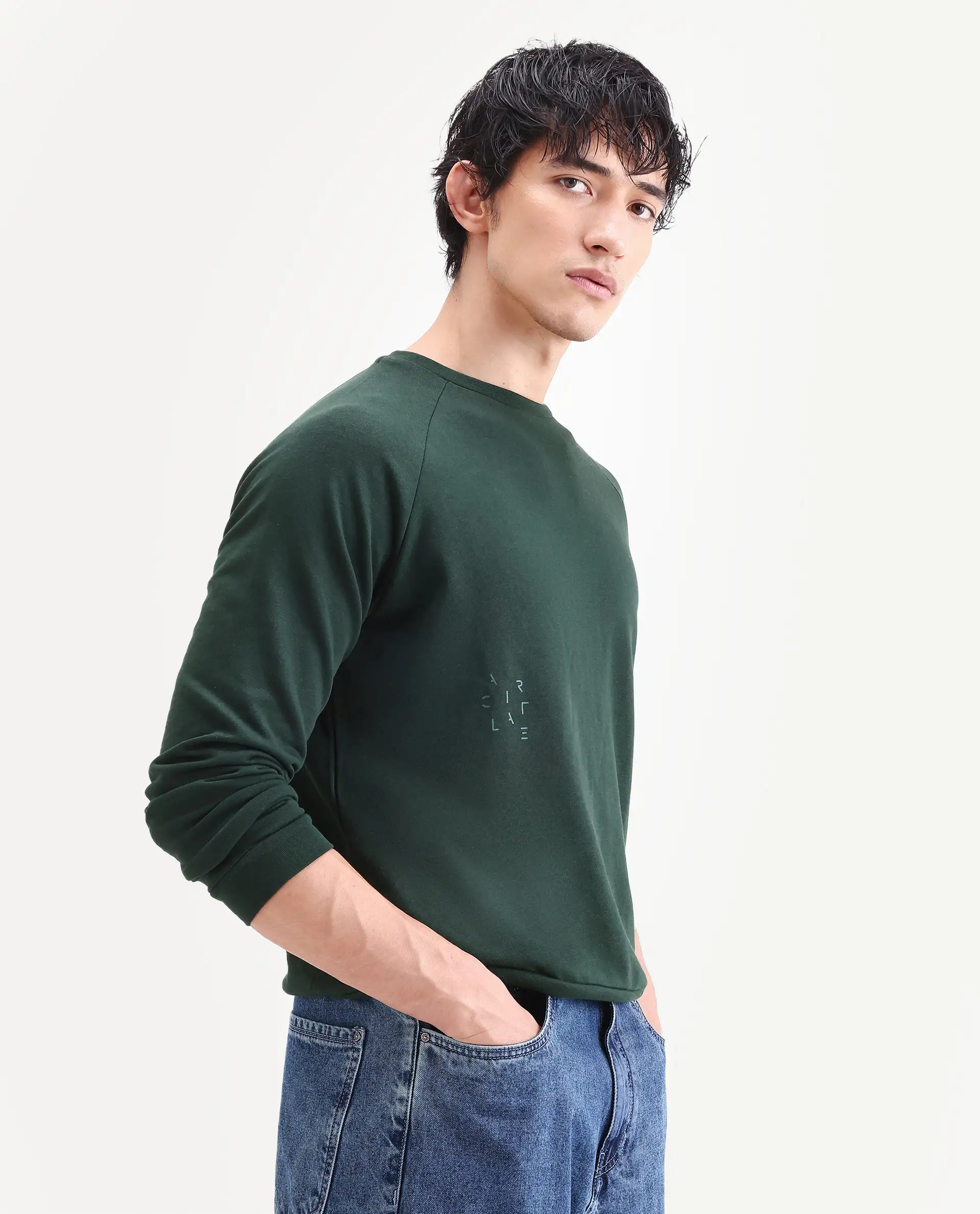 Rare Rabbit Articale Men's Arum Mountain Green Cotton Fabric Full Sleeves Solid Sweatshirt - Image 7