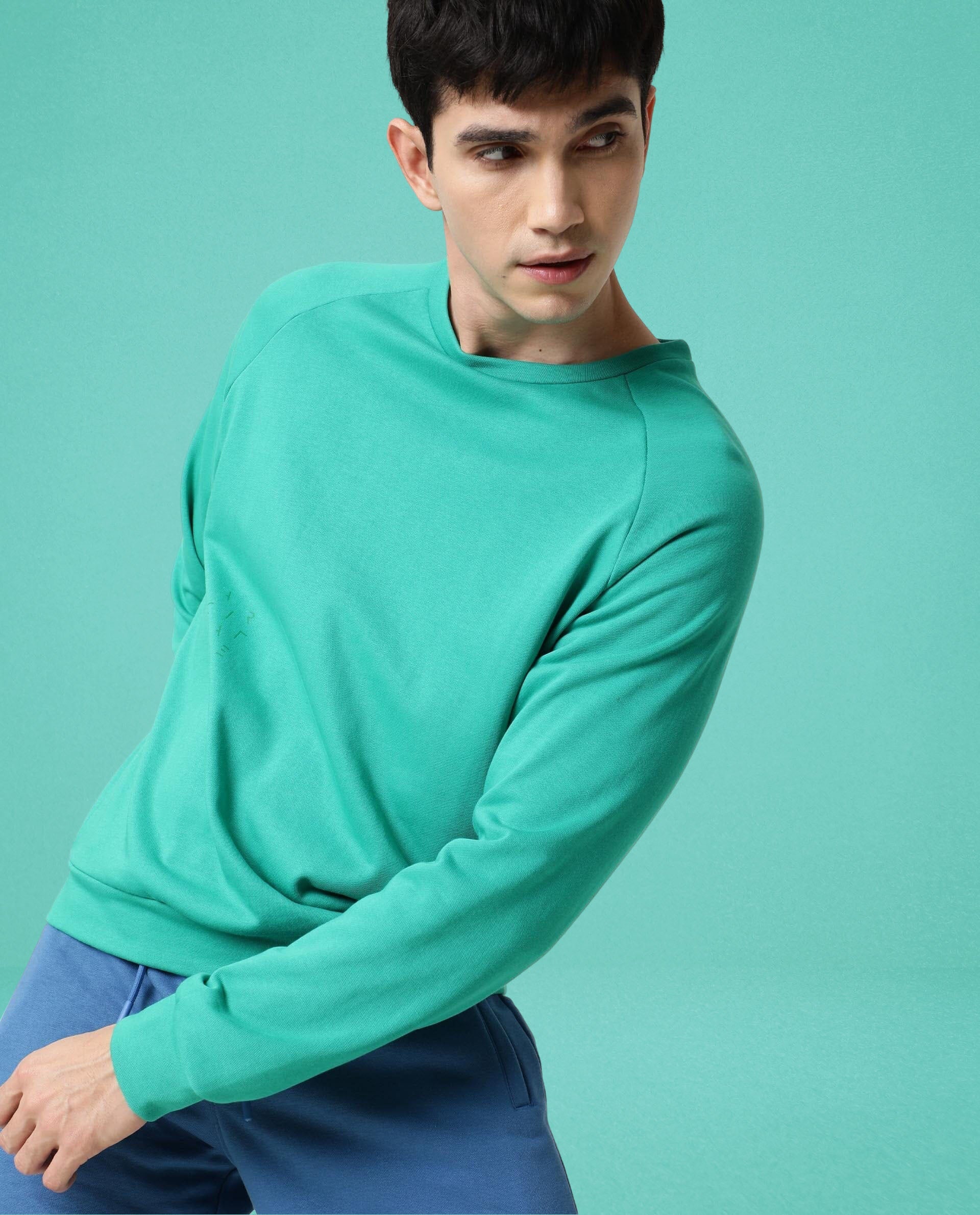 Rare Rabbit Articale Men's Arum Emerald Green Cotton Fabric Full Sleeves Solid Sweatshirt - Image 6
