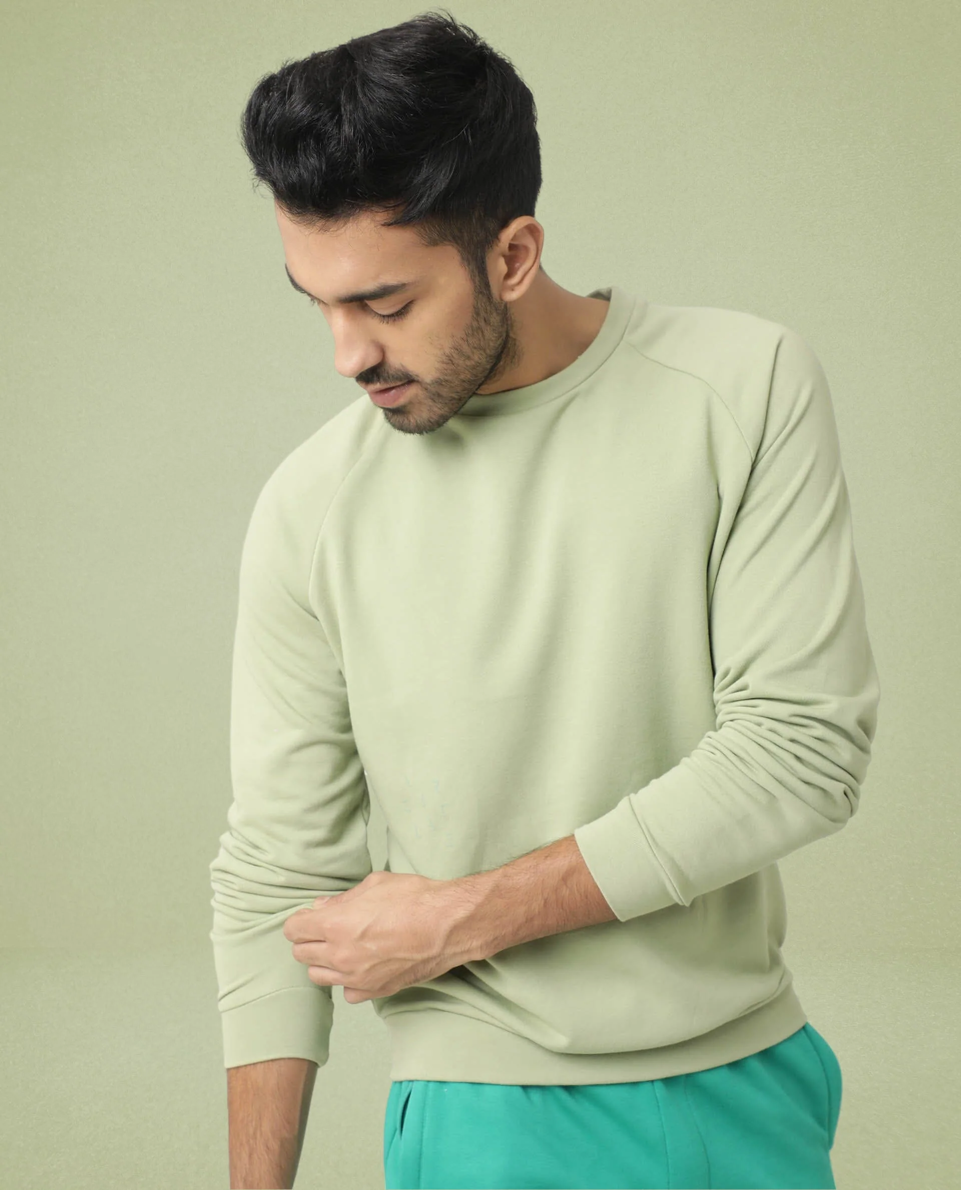 Rare Rabbit Articale Men's Arum Cardamom Green Cotton Fabric Full Sleeves Solid Sweatshirt - Image 4