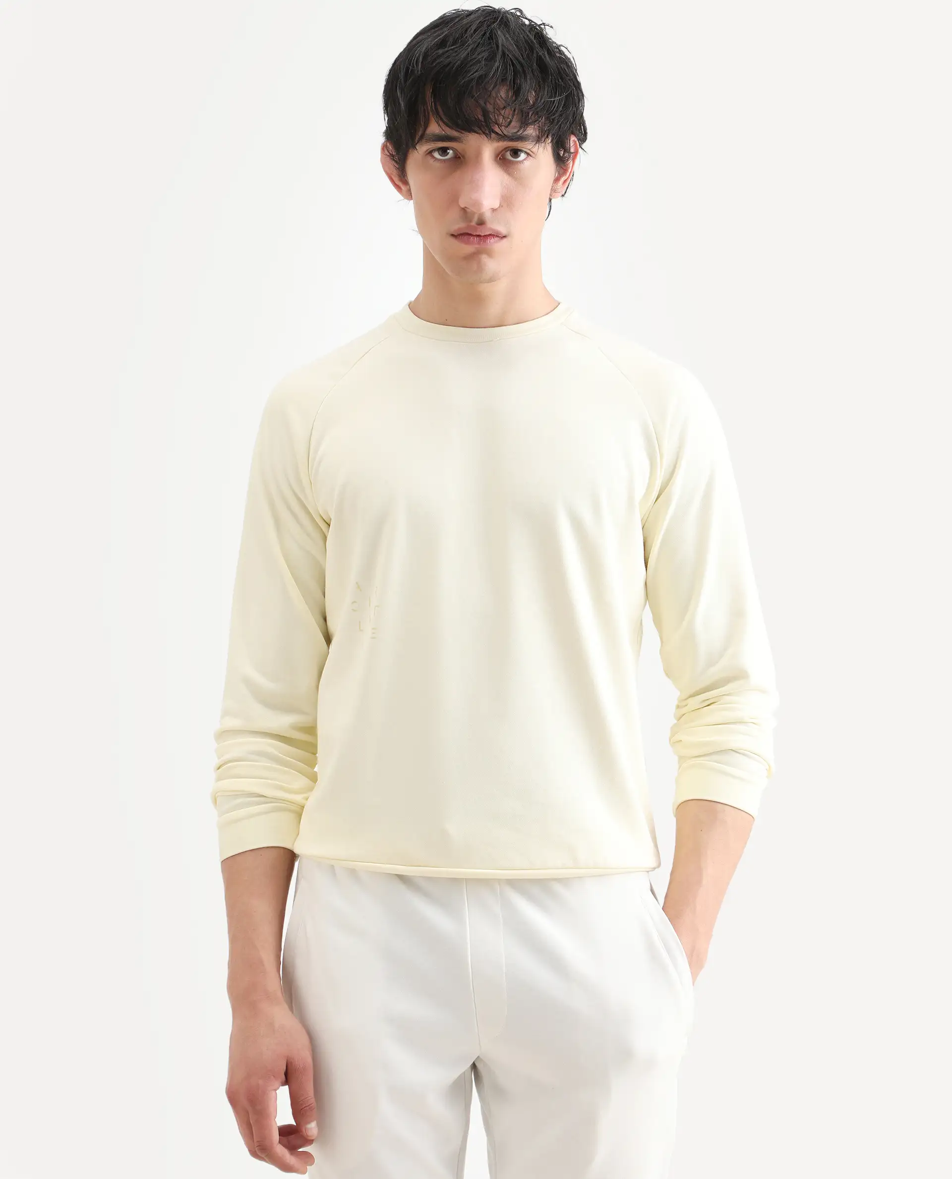 Rare Rabbit Articale Men's Arum Blonde Yellow Cotton Fabric Full Sleeves Solid Sweatshirt - Image 3