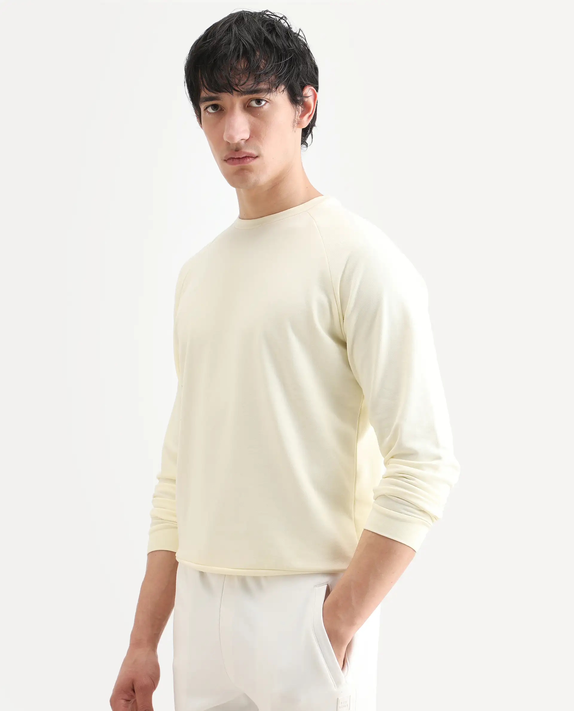 Rare Rabbit Articale Men's Arum Blonde Yellow Cotton Fabric Full Sleeves Solid Sweatshirt - Image 5
