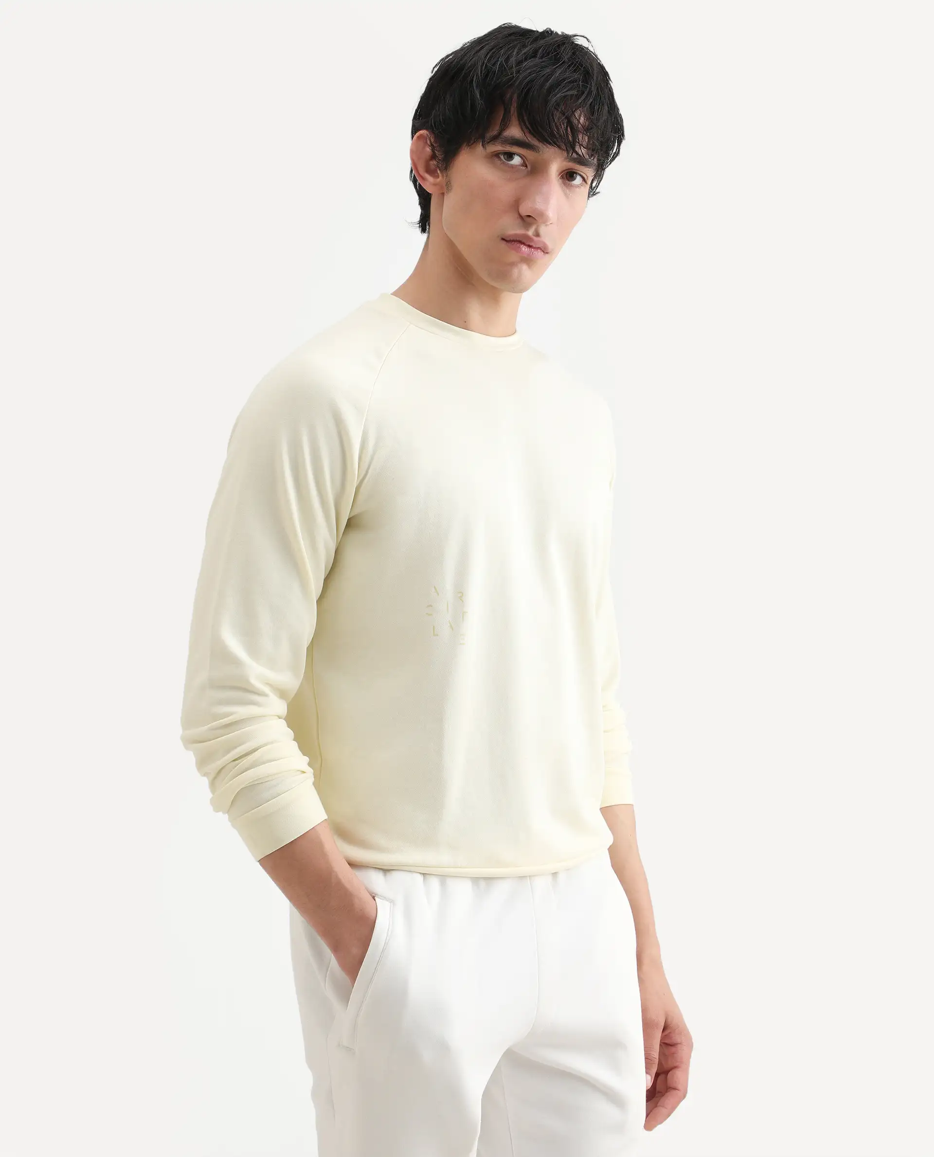 Rare Rabbit Articale Men's Arum Blonde Yellow Cotton Fabric Full Sleeves Solid Sweatshirt - Image 6