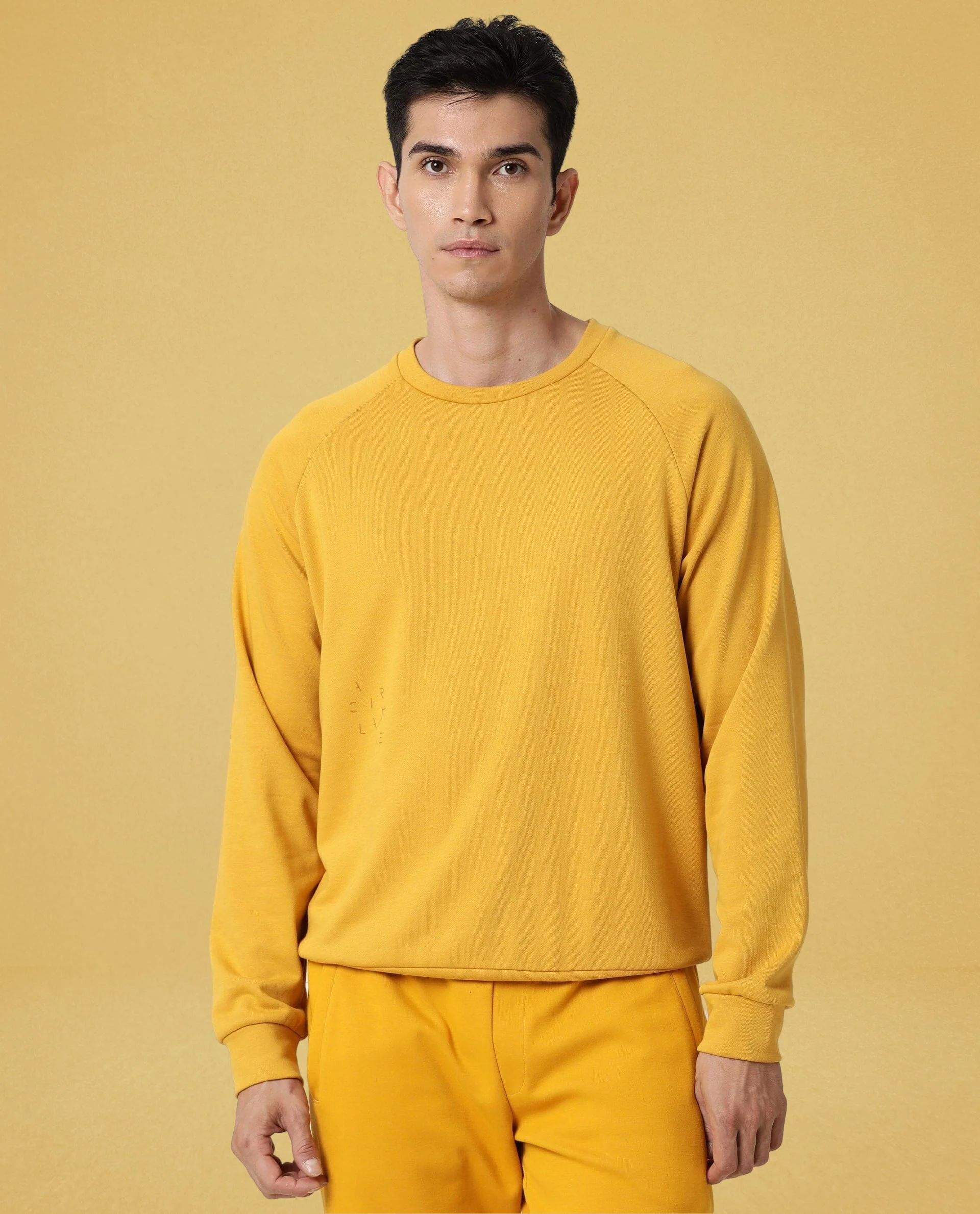 Rare Rabbit Articale Men's Arum French Mustard Cotton Fabric Full Sleeves Solid Sweatshirt