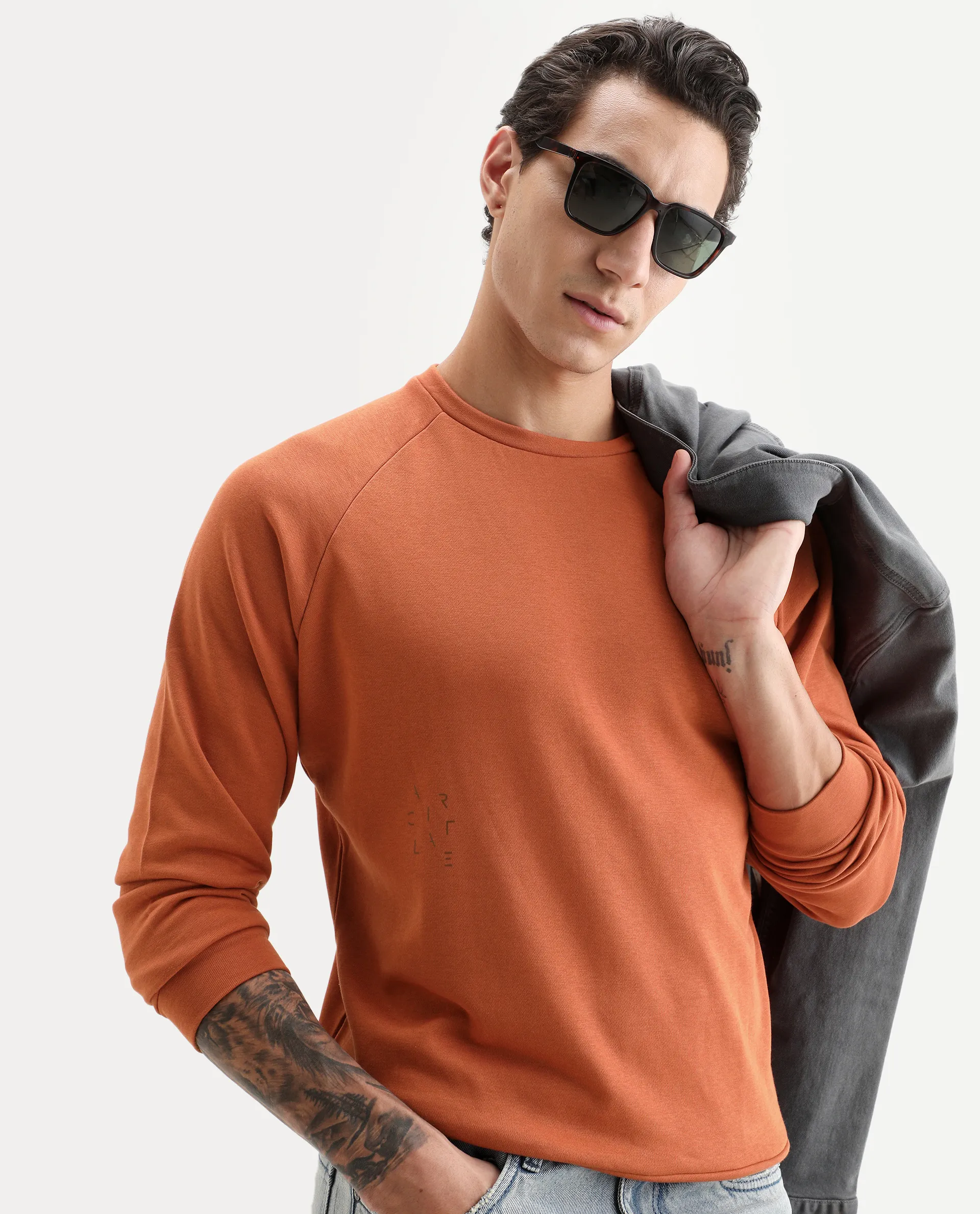 Rare Rabbit Articale Men's Arum Tangy Orange Cotton Fabric Full Sleeves Solid Sweatshirt
