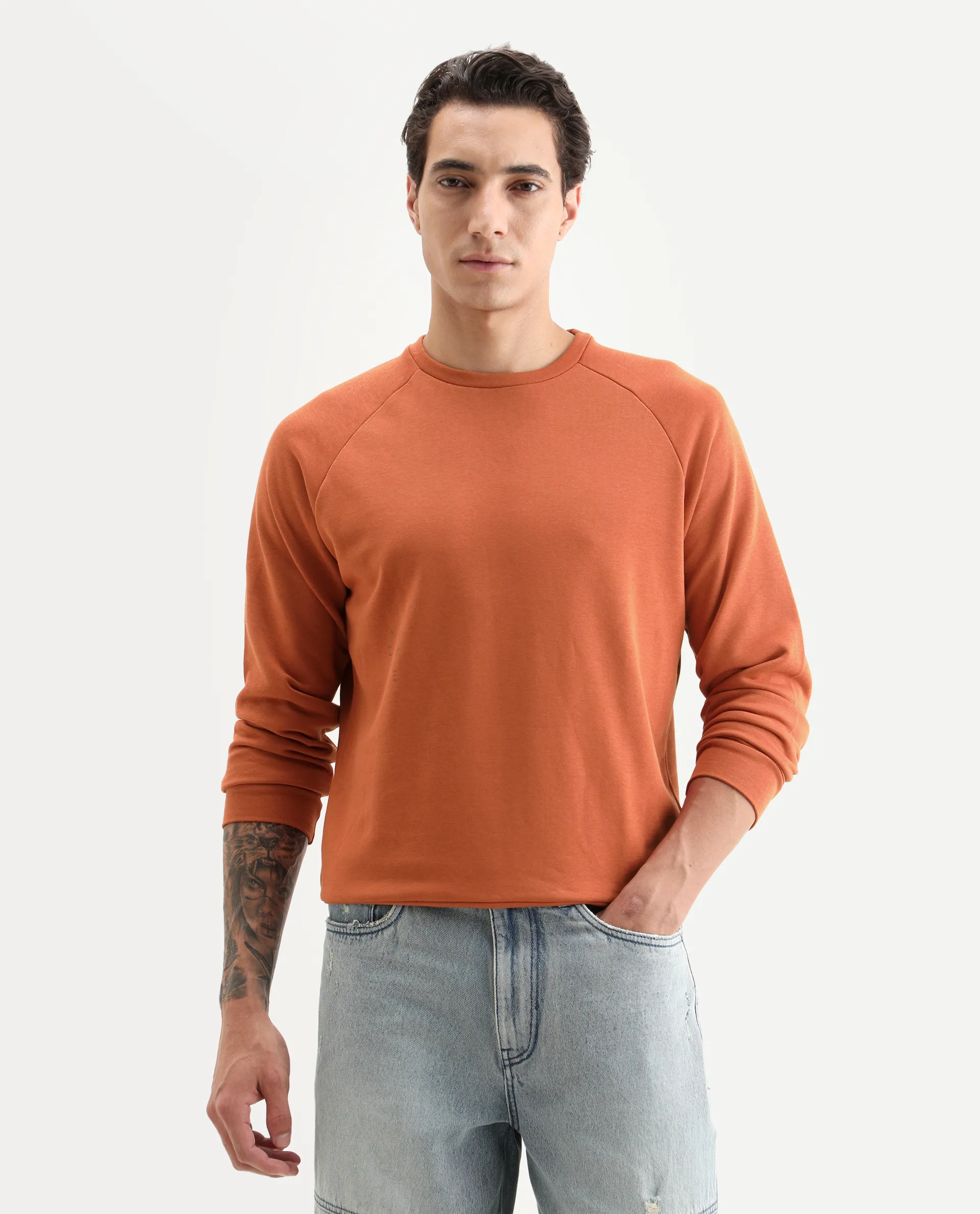 Rare Rabbit Articale Men's Arum Tangy Orange Cotton Fabric Full Sleeves Solid Sweatshirt - Image 3
