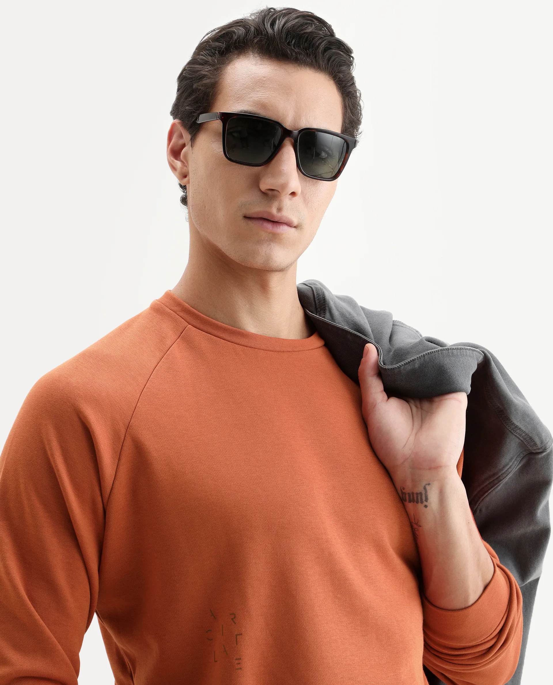Rare Rabbit Articale Men's Arum Tangy Orange Cotton Fabric Full Sleeves Solid Sweatshirt - Image 5