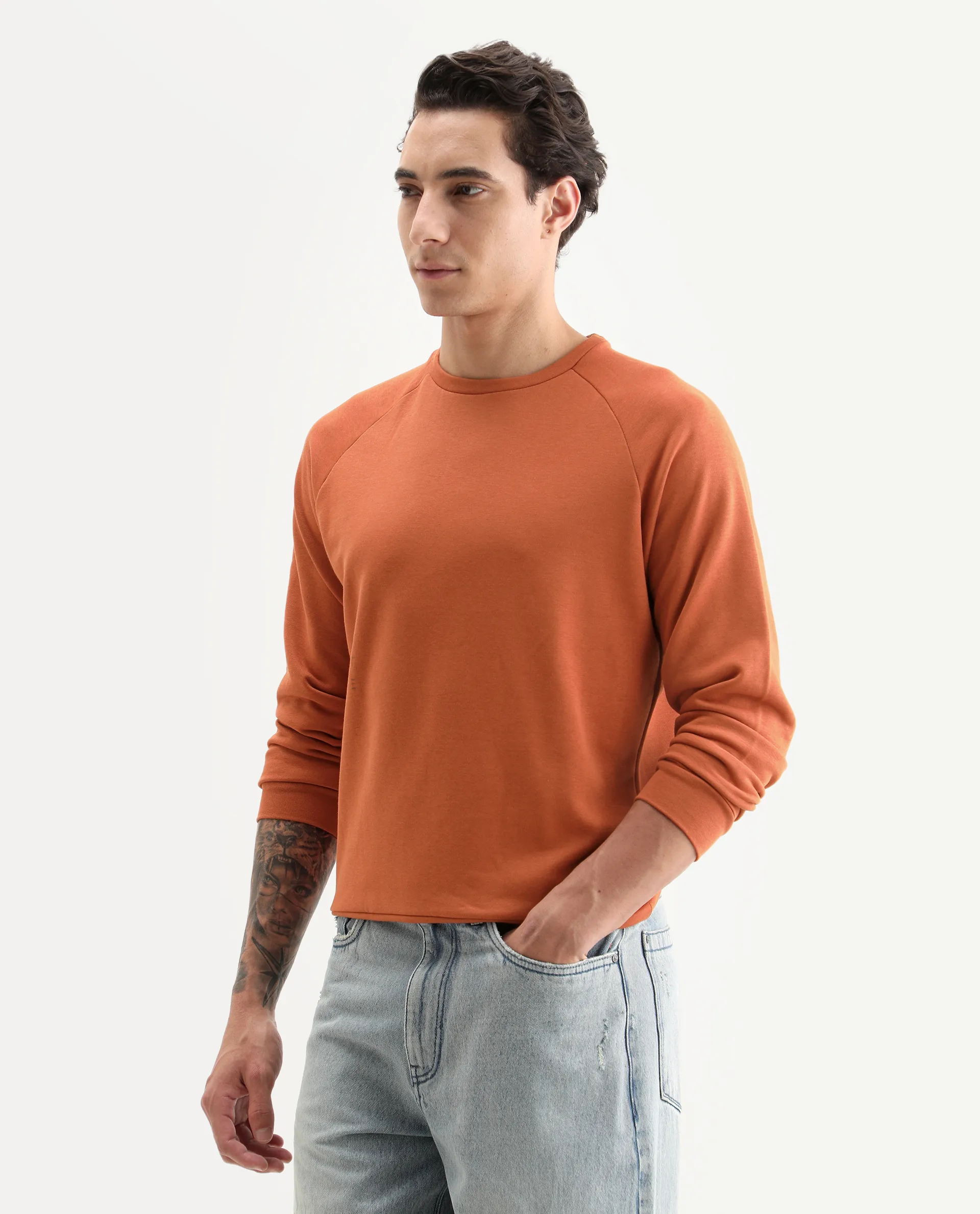 Rare Rabbit Articale Men's Arum Tangy Orange Cotton Fabric Full Sleeves Solid Sweatshirt - Image 6