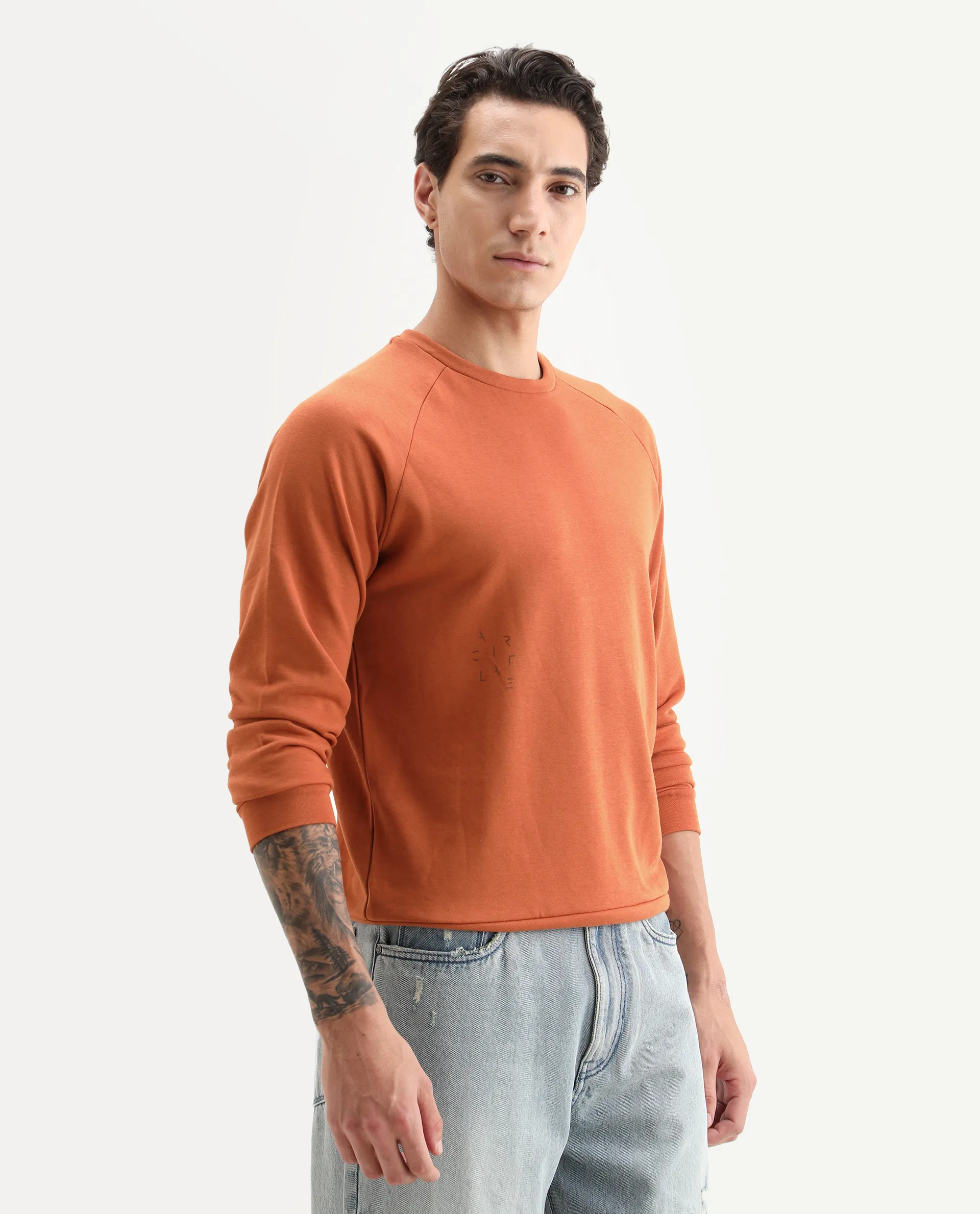 Rare Rabbit Articale Men's Arum Tangy Orange Cotton Fabric Full Sleeves Solid Sweatshirt - Image 7